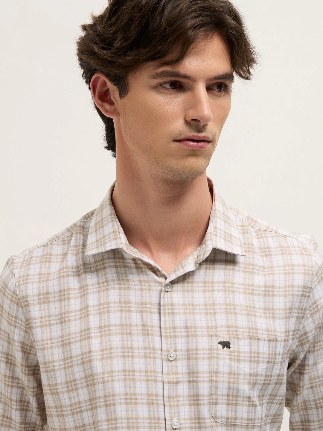 Men Beige Checked Tailored Fit Formal Shirt. - Image 5