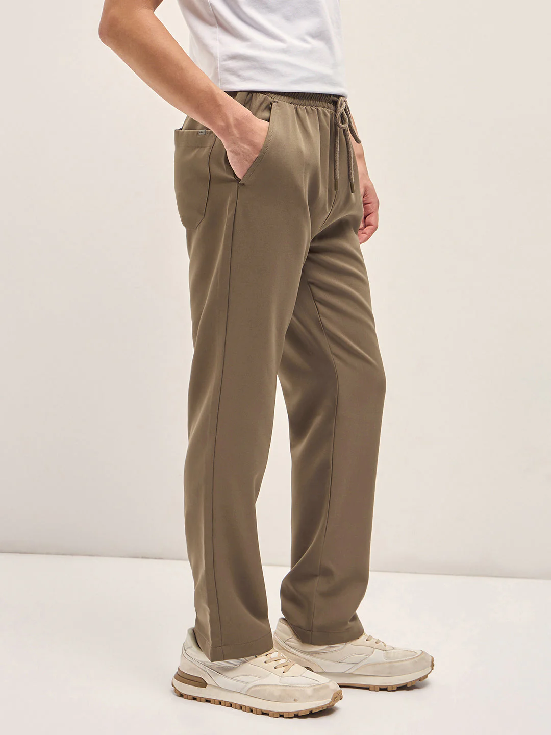 Men Beige Classic Korean-Inspired Elastic Waist Casual Trouser - Image 3