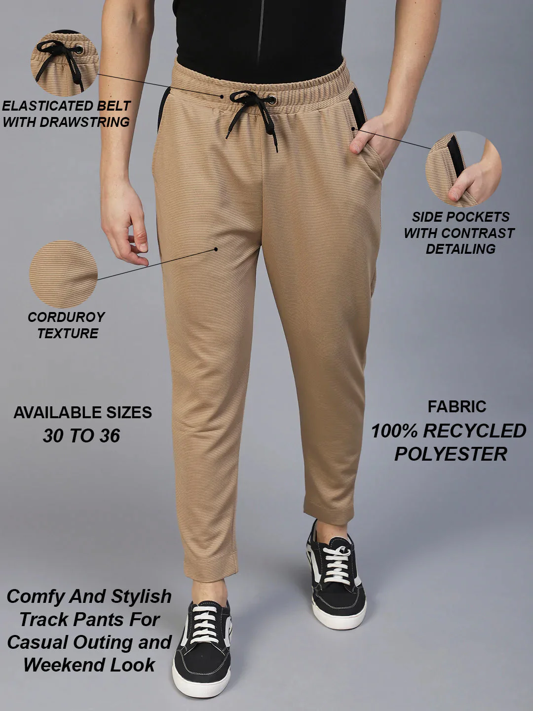 Men Beige Colourblock Poly Corduroy Jogger - Image 3