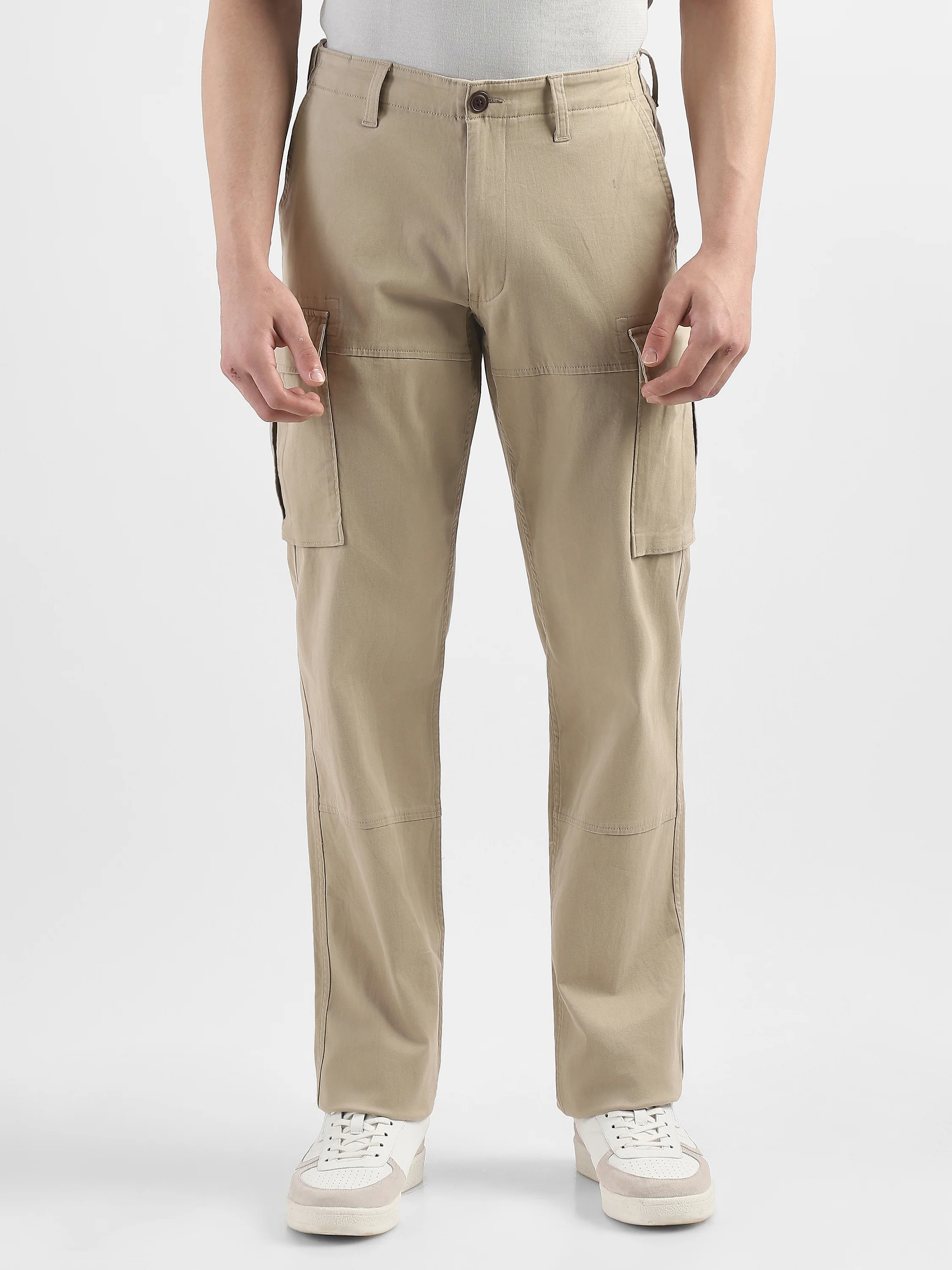 Men Beige Cotton Mid Rise Cargo Pants - Image 2