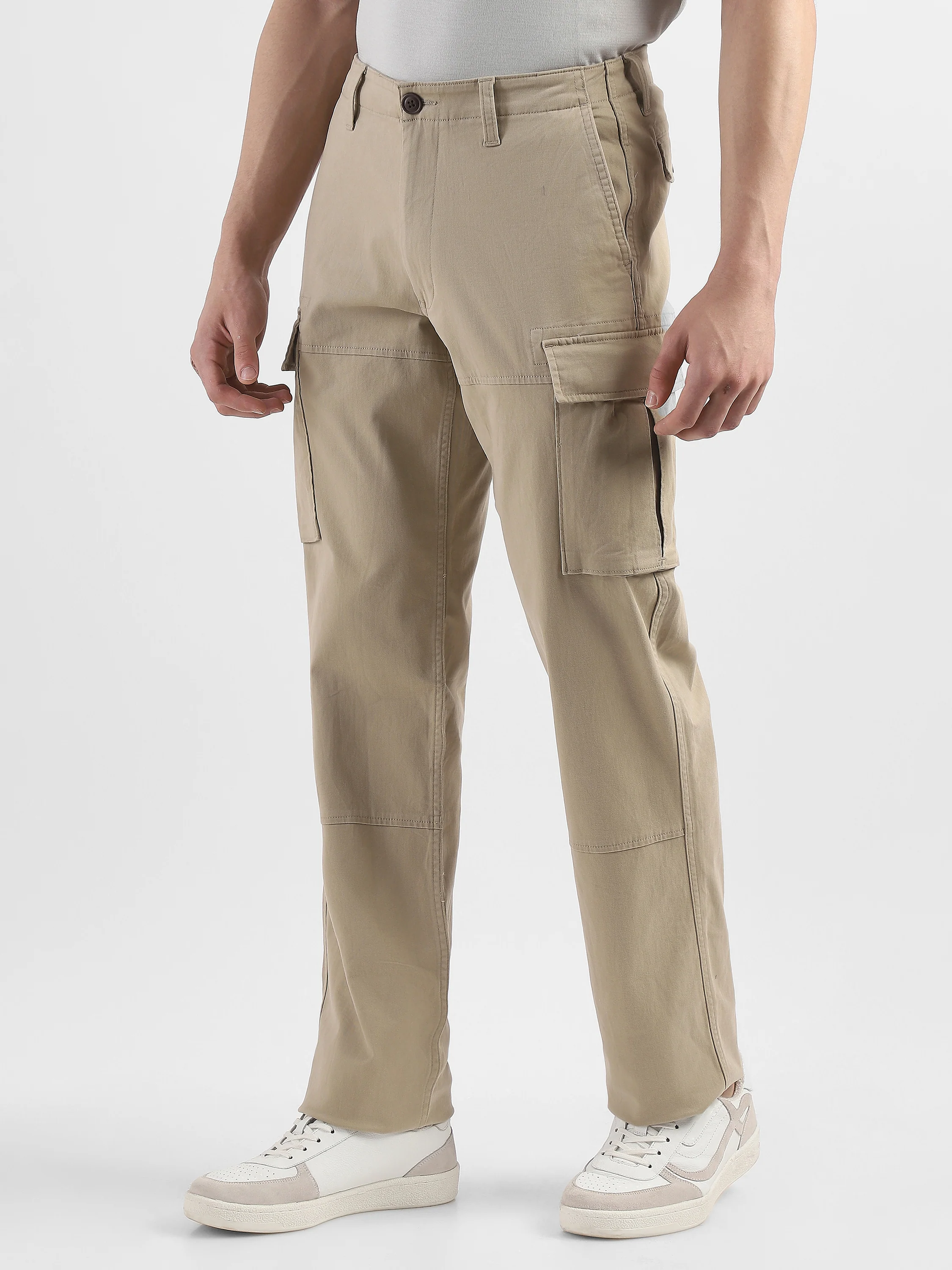 Men Beige Cotton Mid Rise Cargo Pants - Image 5