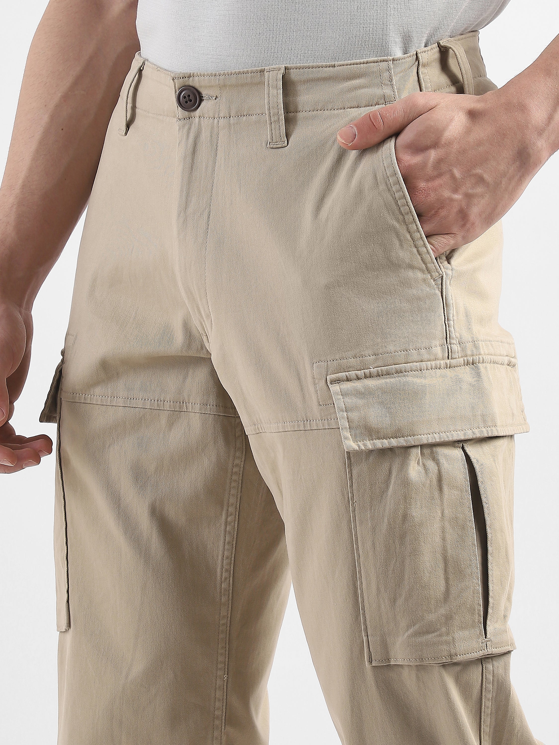 Men Beige Cotton Mid Rise Cargo Pants - Image 6