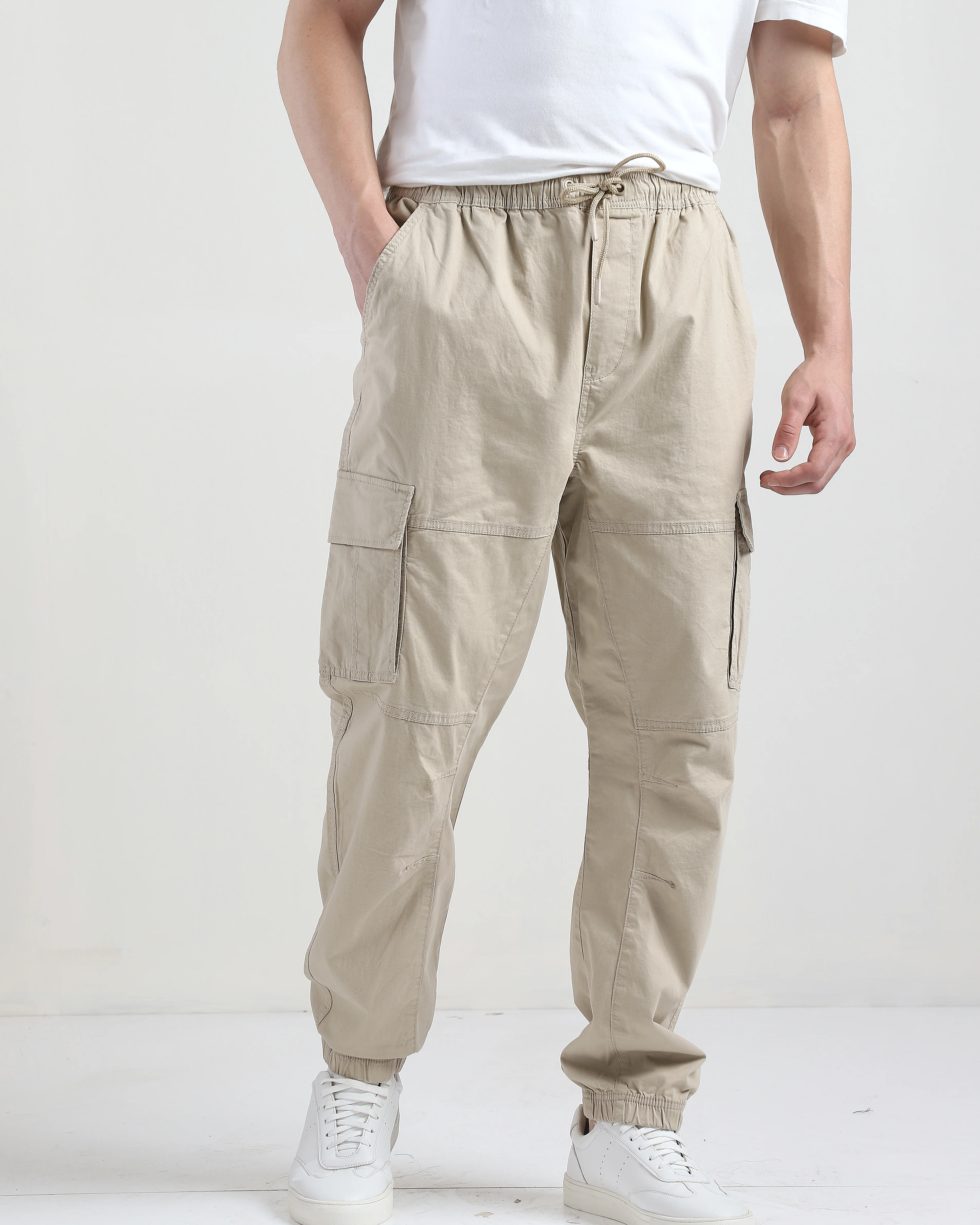 Men Beige Cotton Blend Cargo Jogger Pants - Image 2