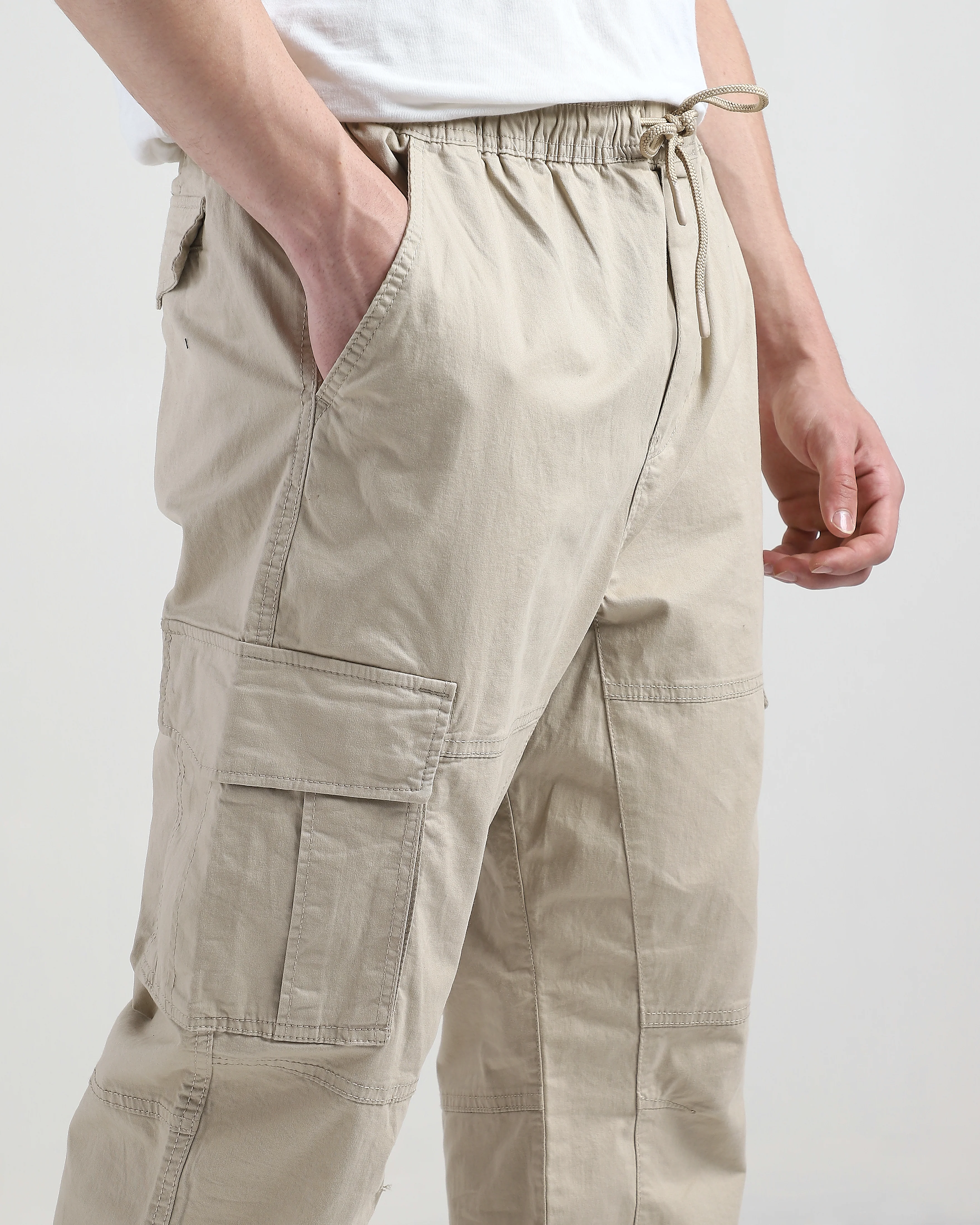 Men Beige Cotton Blend Cargo Jogger Pants - Image 6