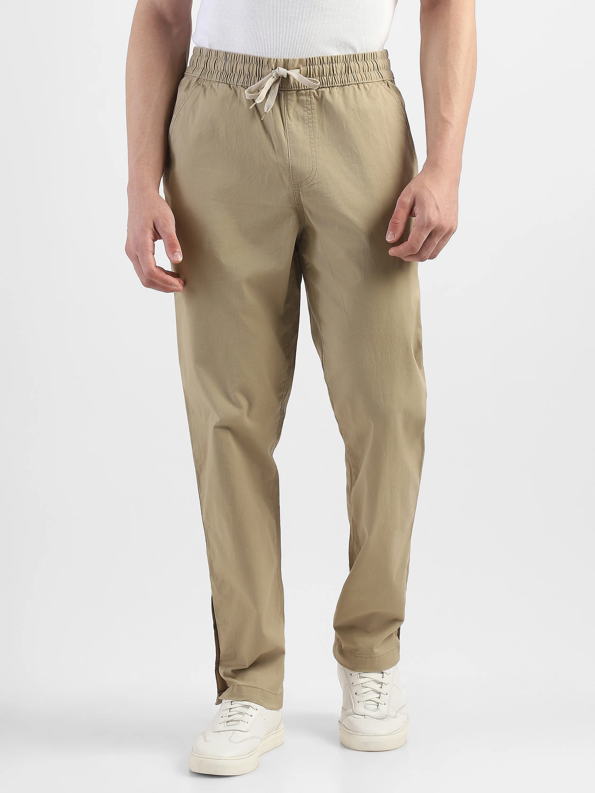 Men Beige Cotton Blend Mid-Rise Pants - Image 3