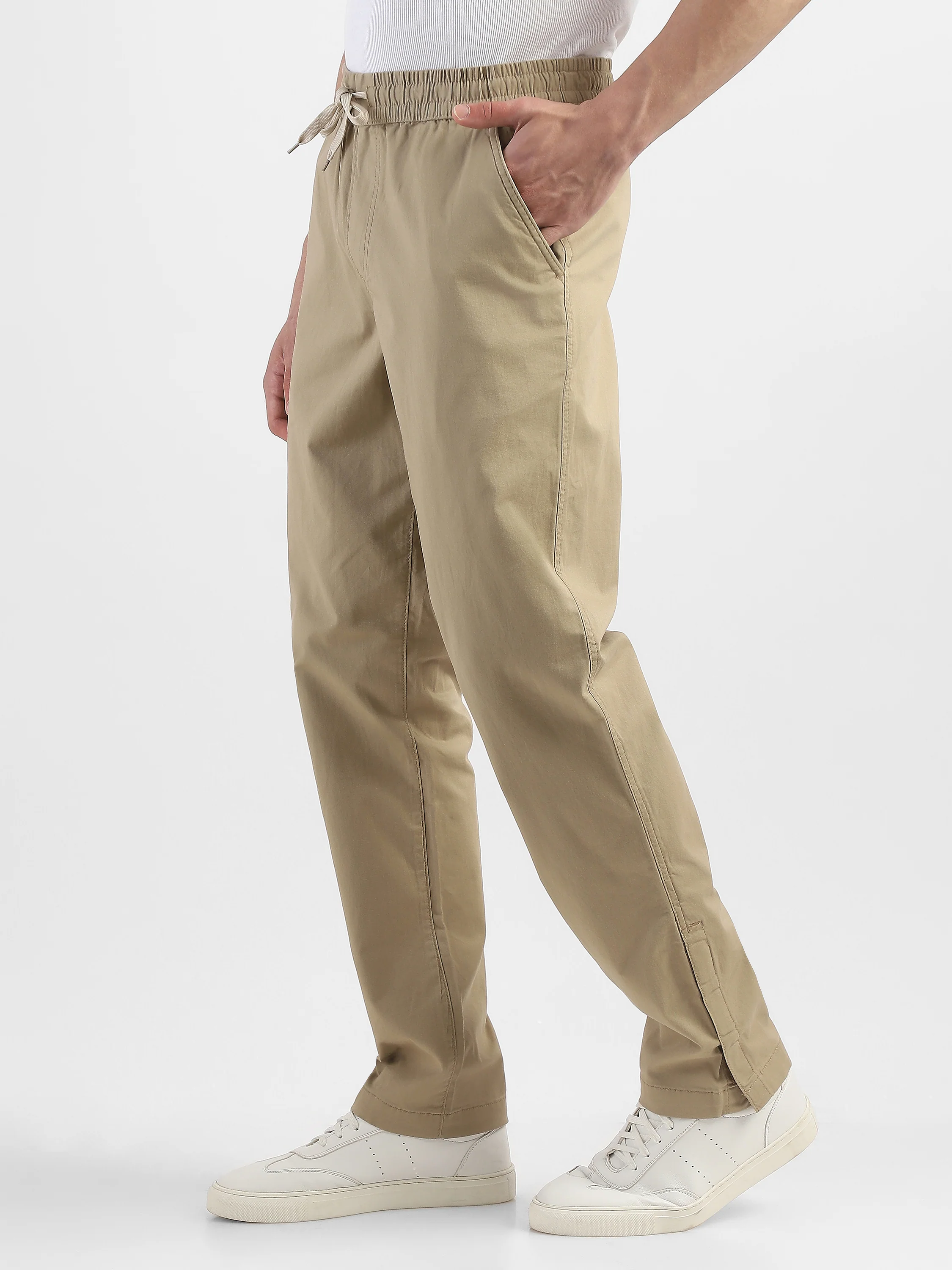 Men Beige Cotton Blend Mid-Rise Pants - Image 5