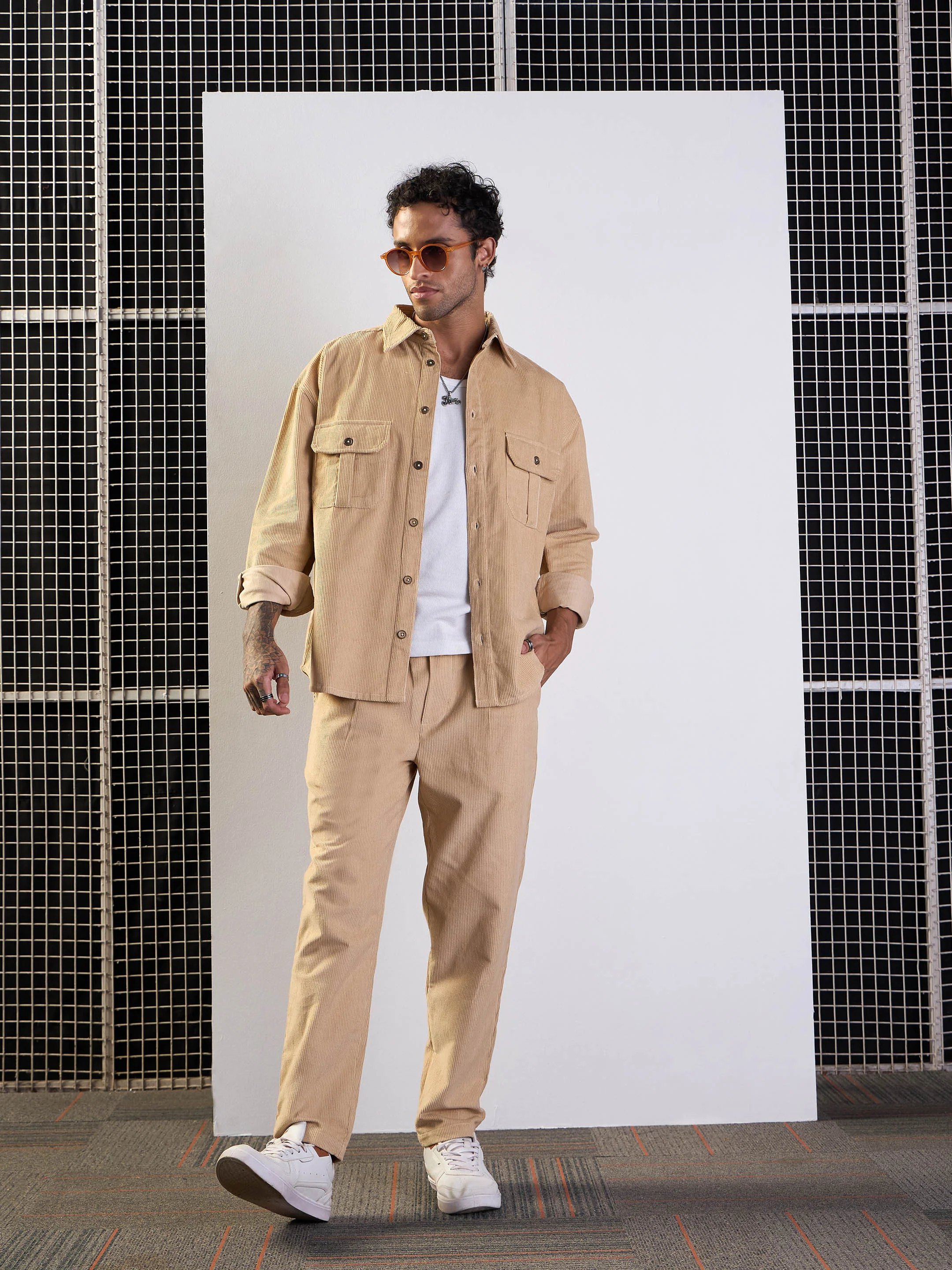 Men Beige Corduroy Elasticated Pants - Image 2