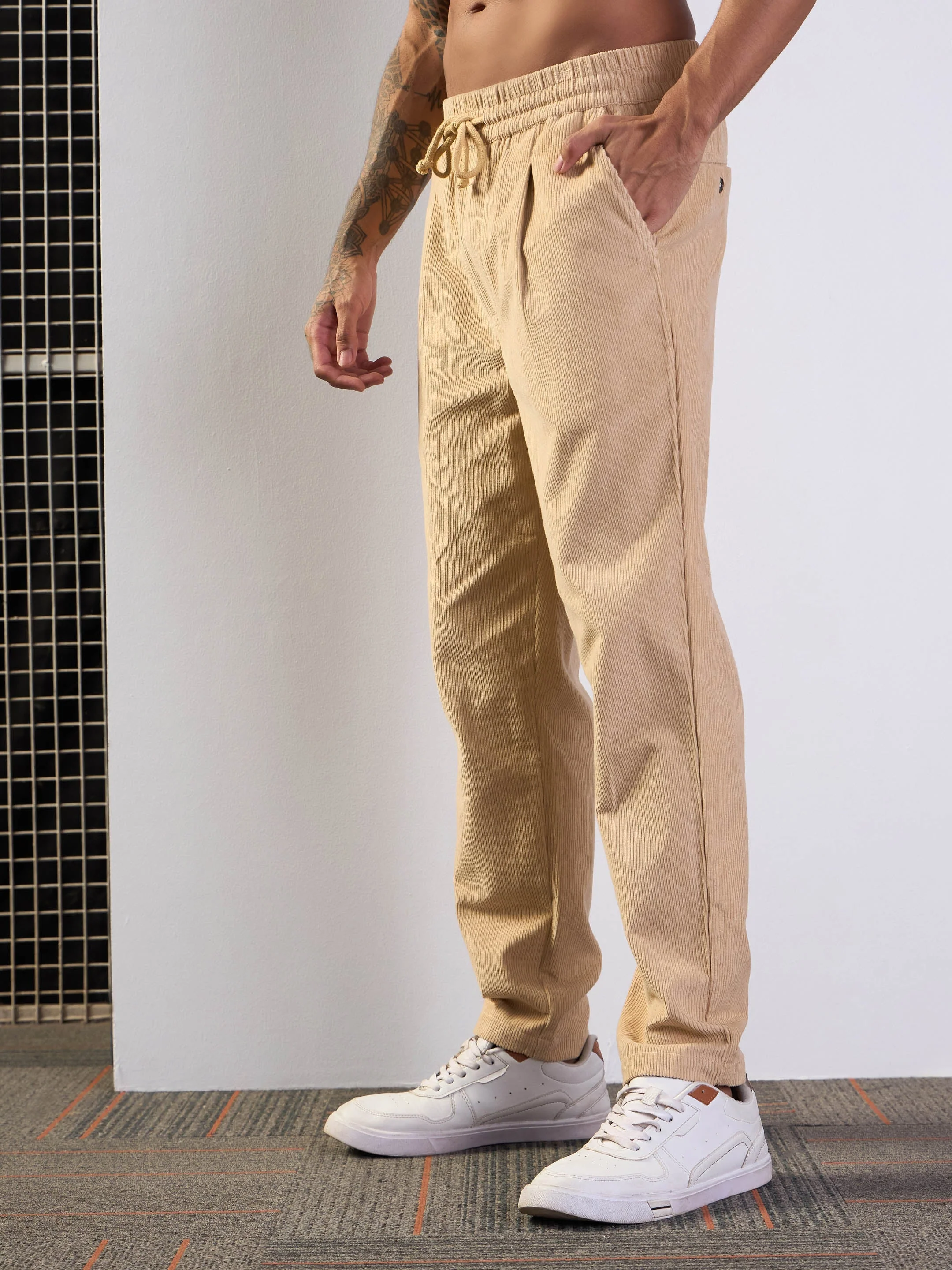 Men Beige Corduroy Elasticated Pants - Image 3