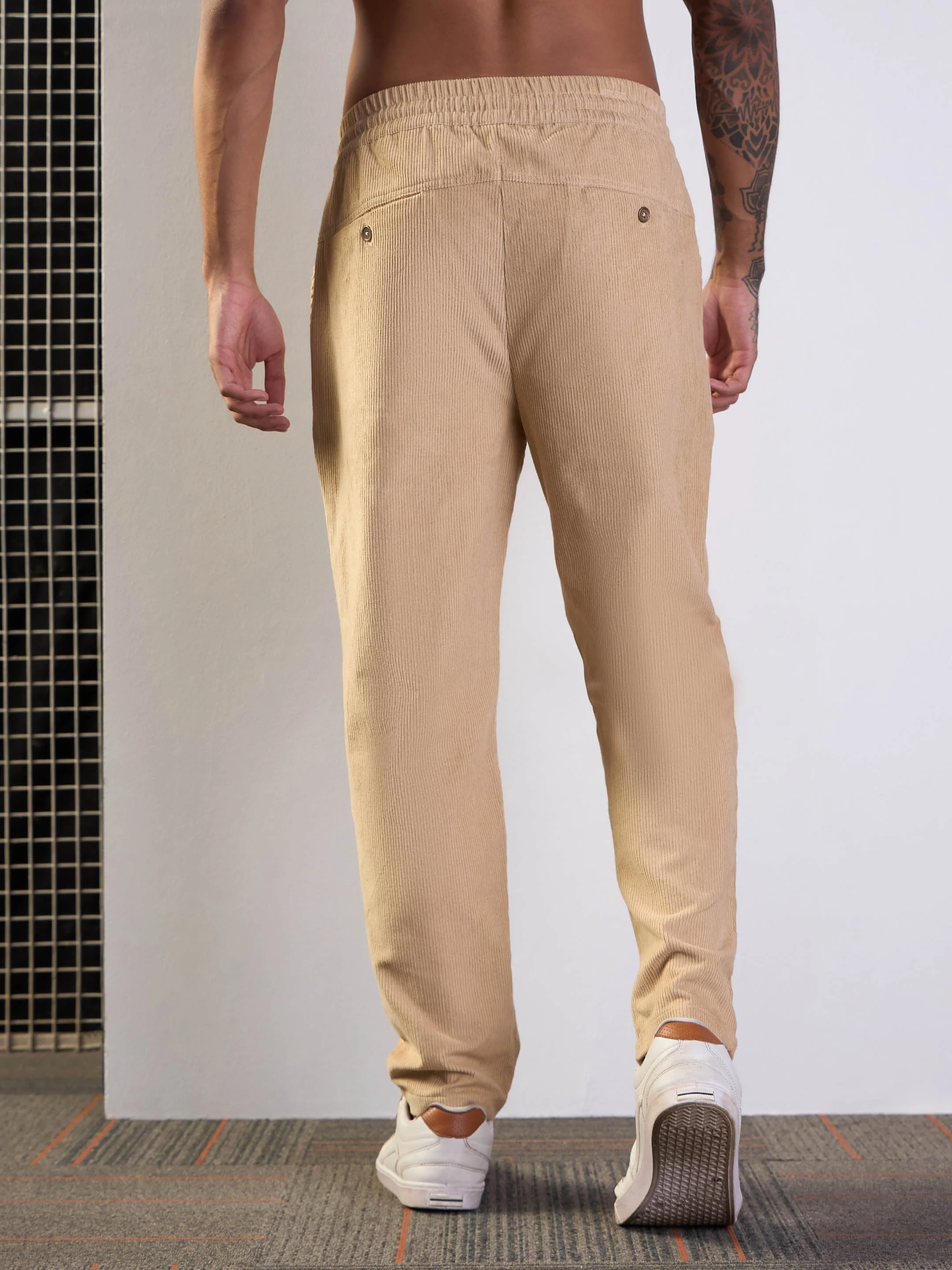 Men Beige Corduroy Elasticated Pants - Image 5
