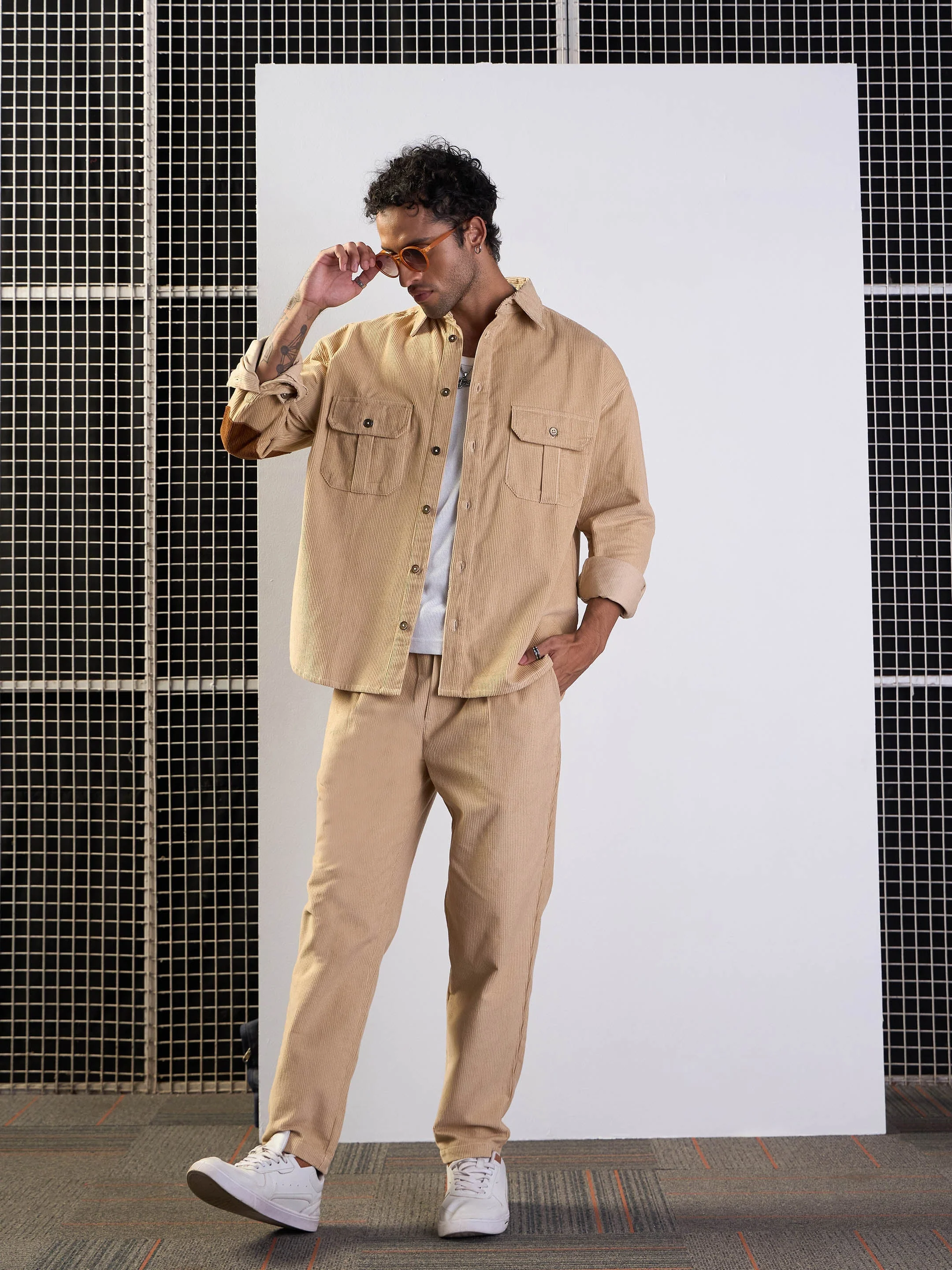 Men Beige Corduroy Elasticated Pants - Image 6