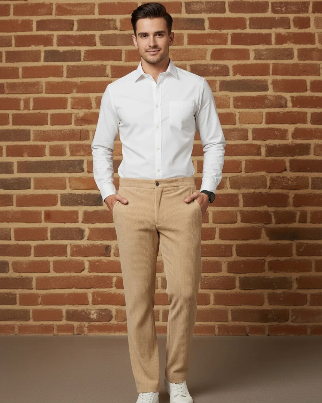 Men Beige Corduroy Pant - Image 3