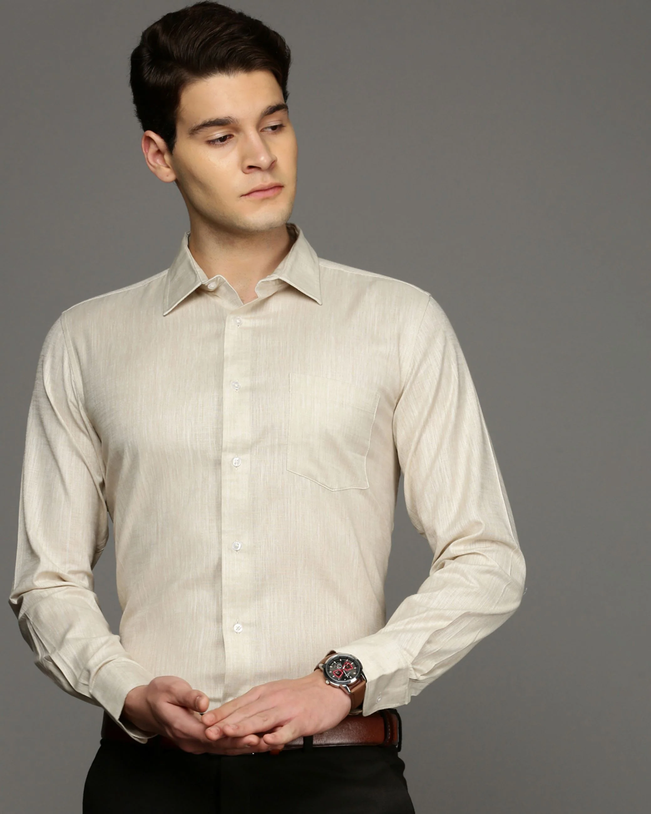 Men Beige Cotton Blend Slim Shirt - Image 2