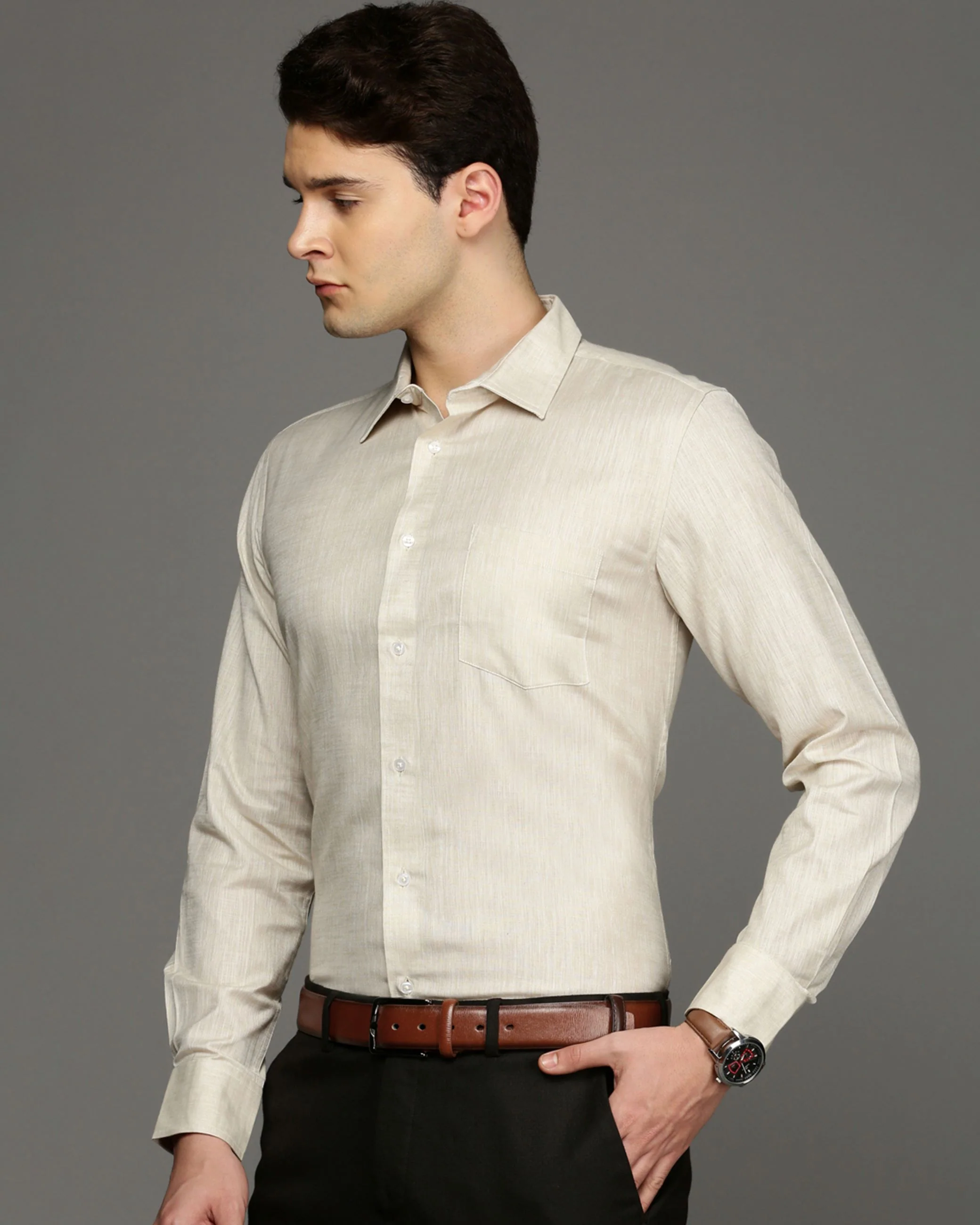 Men Beige Cotton Blend Slim Shirt - Image 3