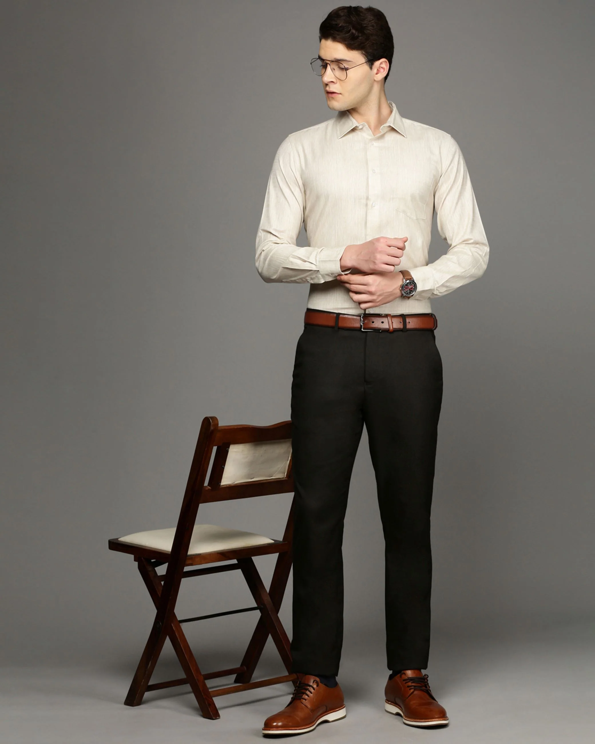 Men Beige Cotton Blend Slim Shirt - Image 5