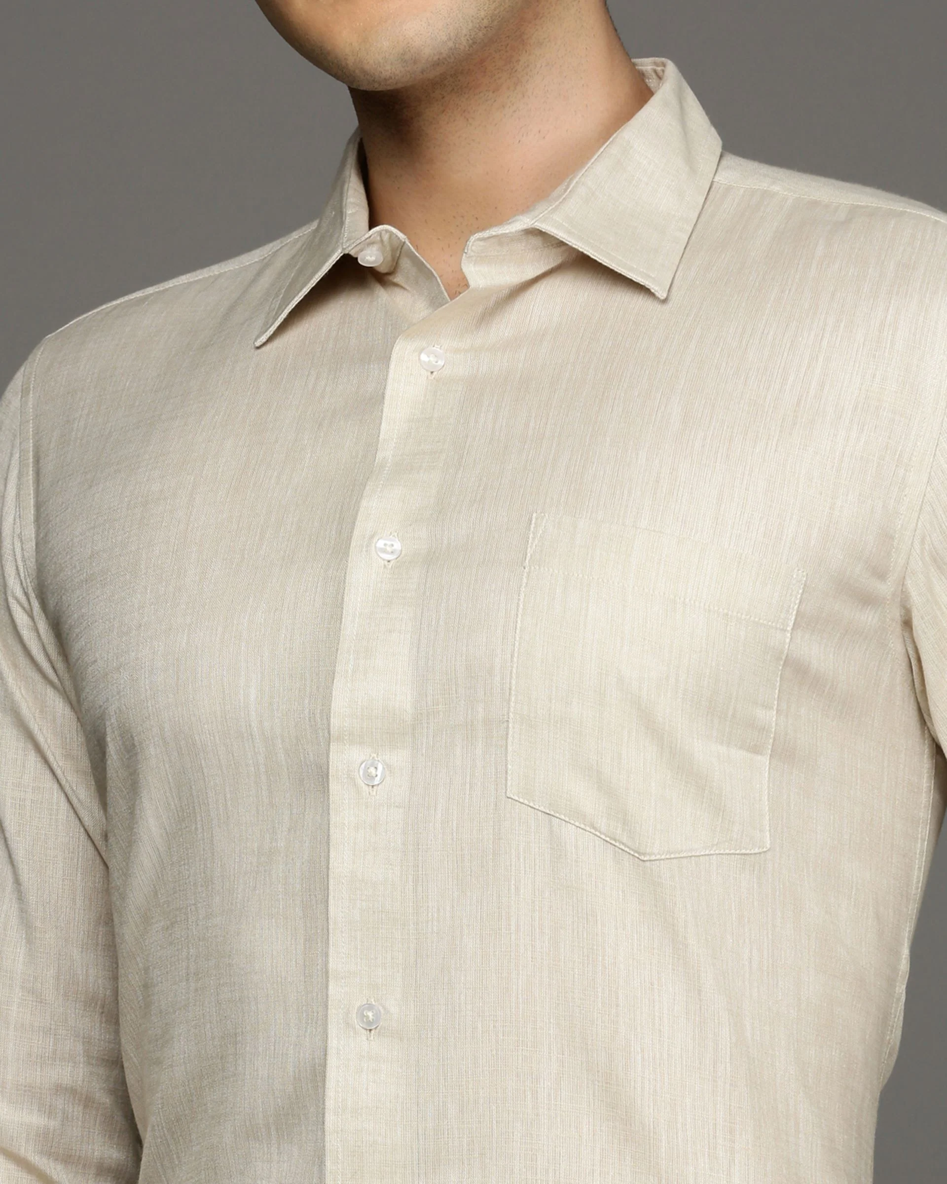 Men Beige Cotton Blend Slim Shirt - Image 6