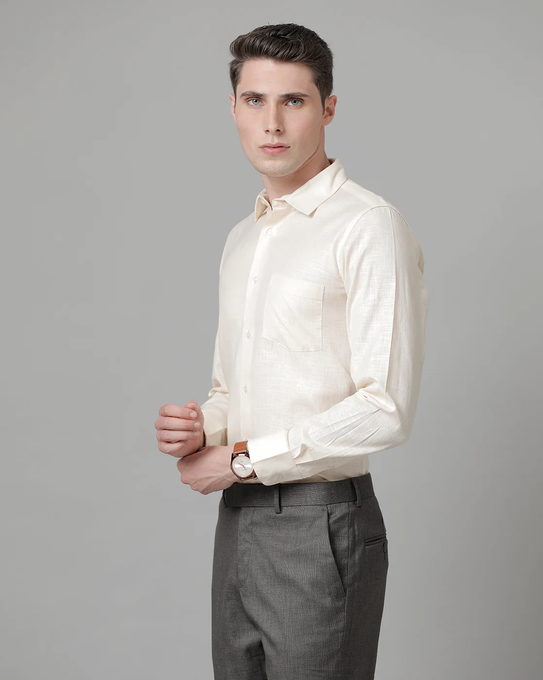 Men Beige Cotton Blend Slim Shirt - Image 2