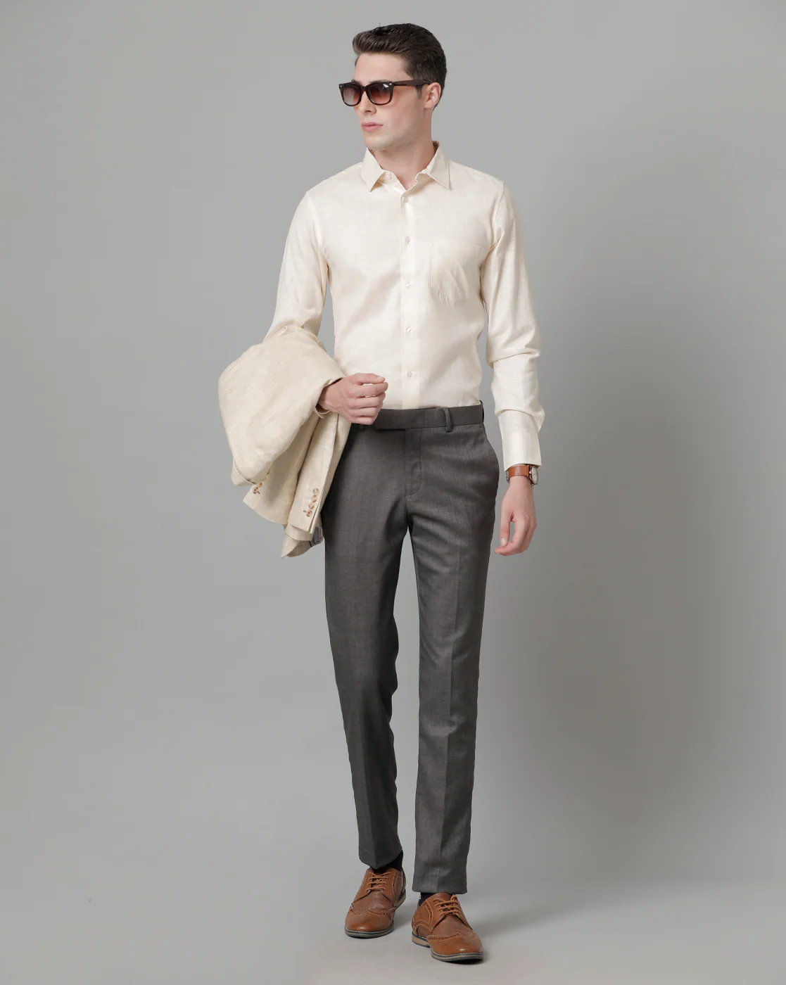 Men Beige Cotton Blend Slim Shirt - Image 6