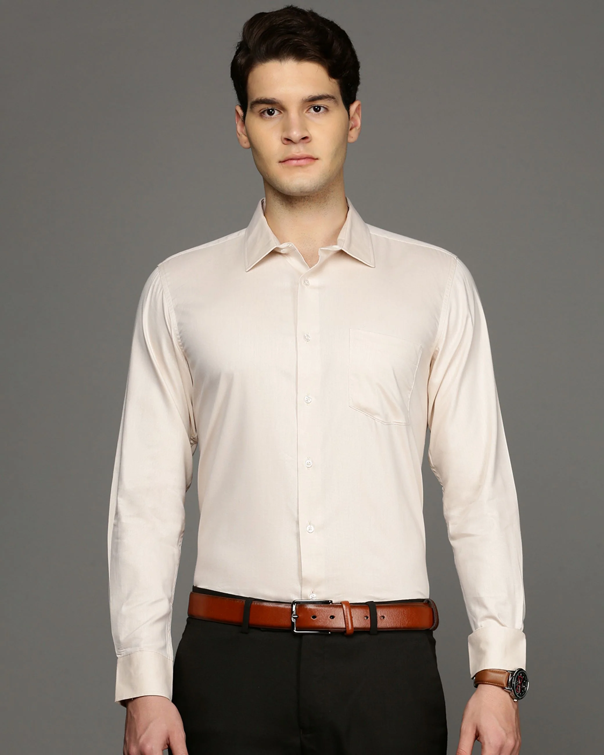 Men Beige Cotton Blend Slim Shirt - Image 2