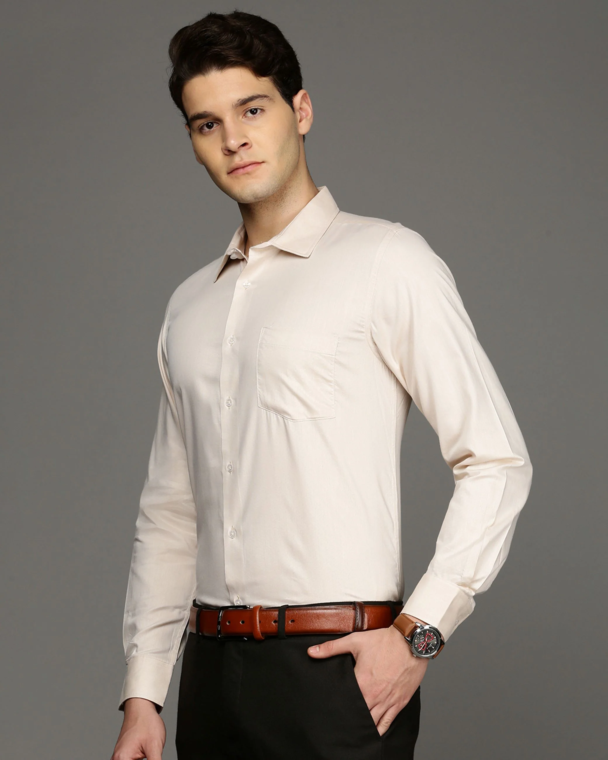 Men Beige Cotton Blend Slim Shirt - Image 3