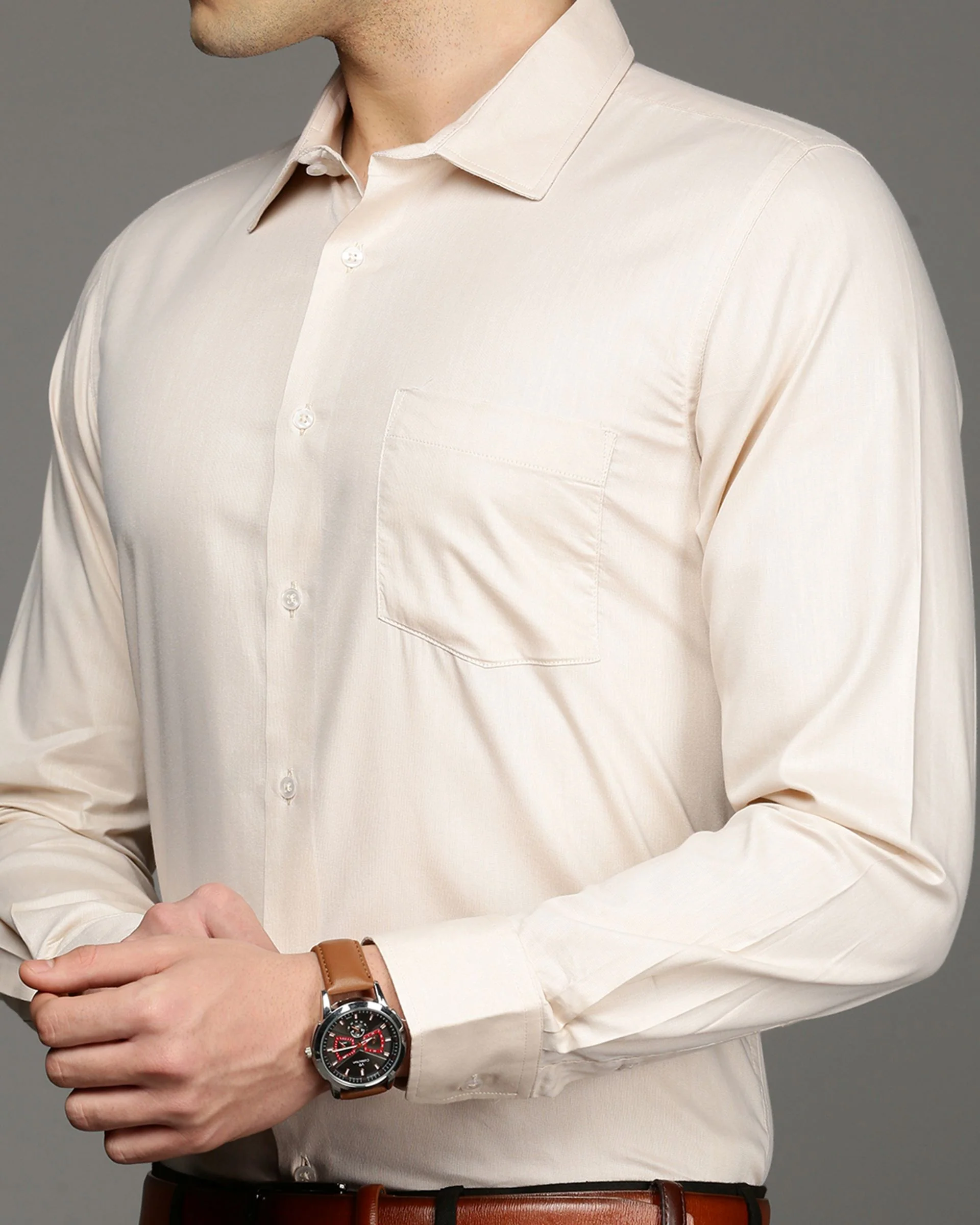 Men Beige Cotton Blend Slim Shirt - Image 6