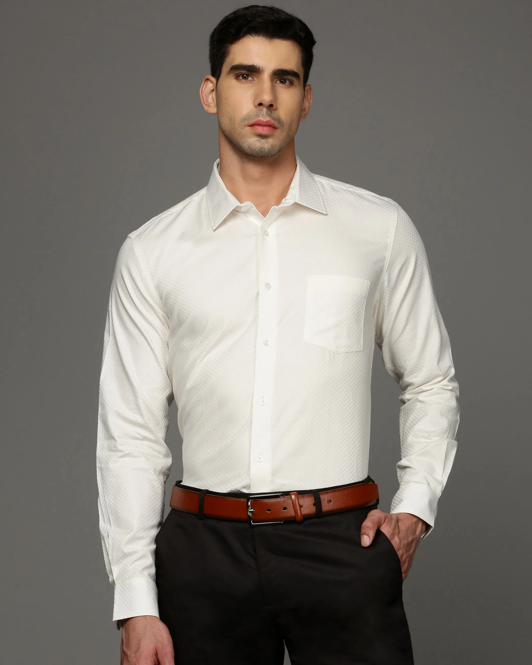 Men Beige Cotton Blend Slim Shirt - Image 3