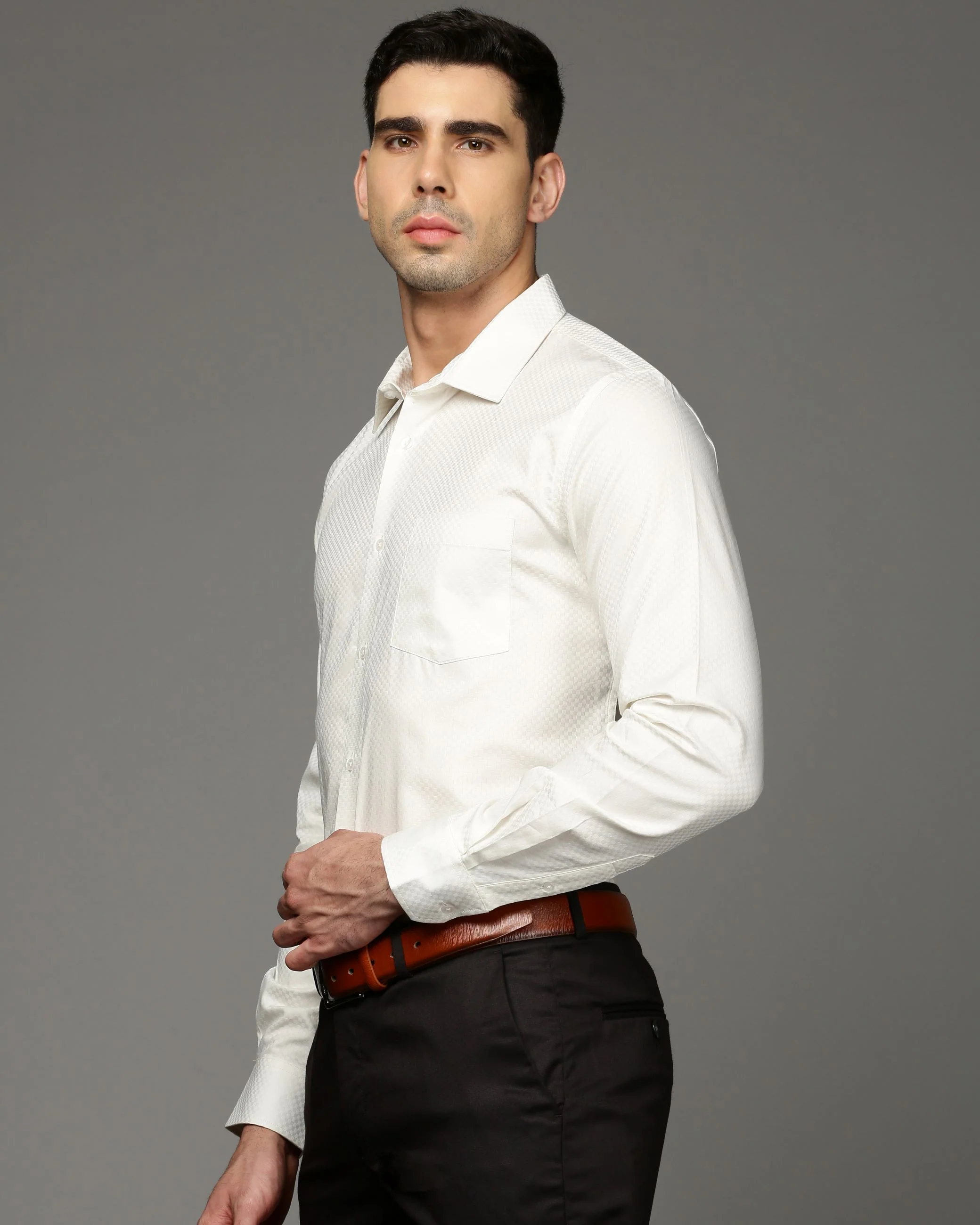 Men Beige Cotton Blend Slim Shirt - Image 4