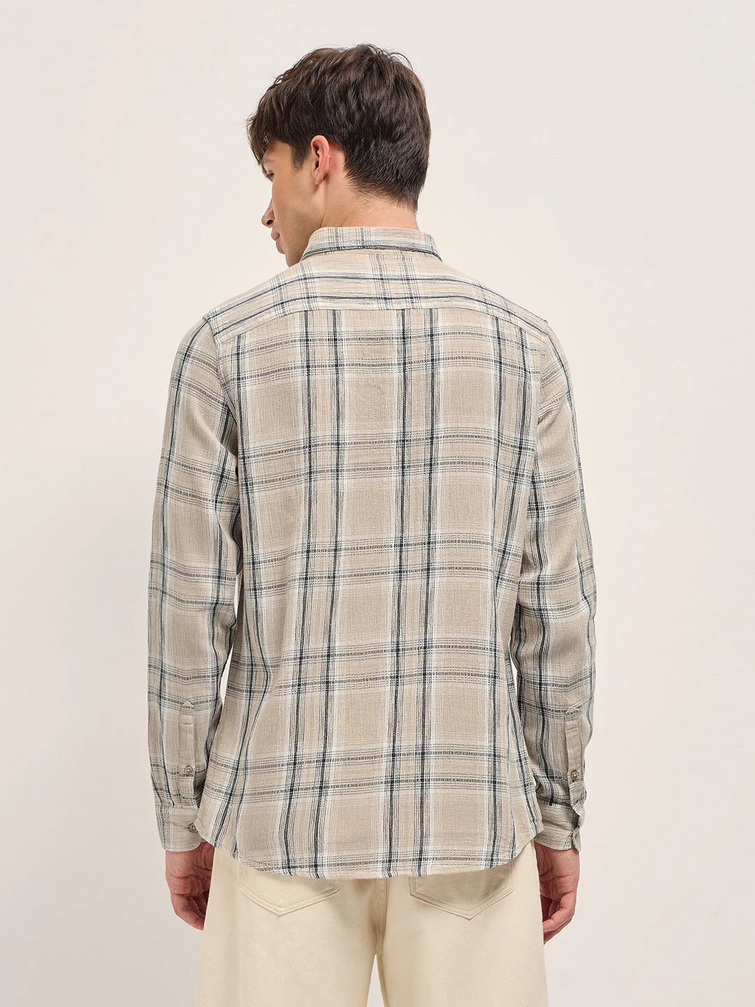 Men Beige Cotton Check Slim Fit Casual Shirt - Image 2