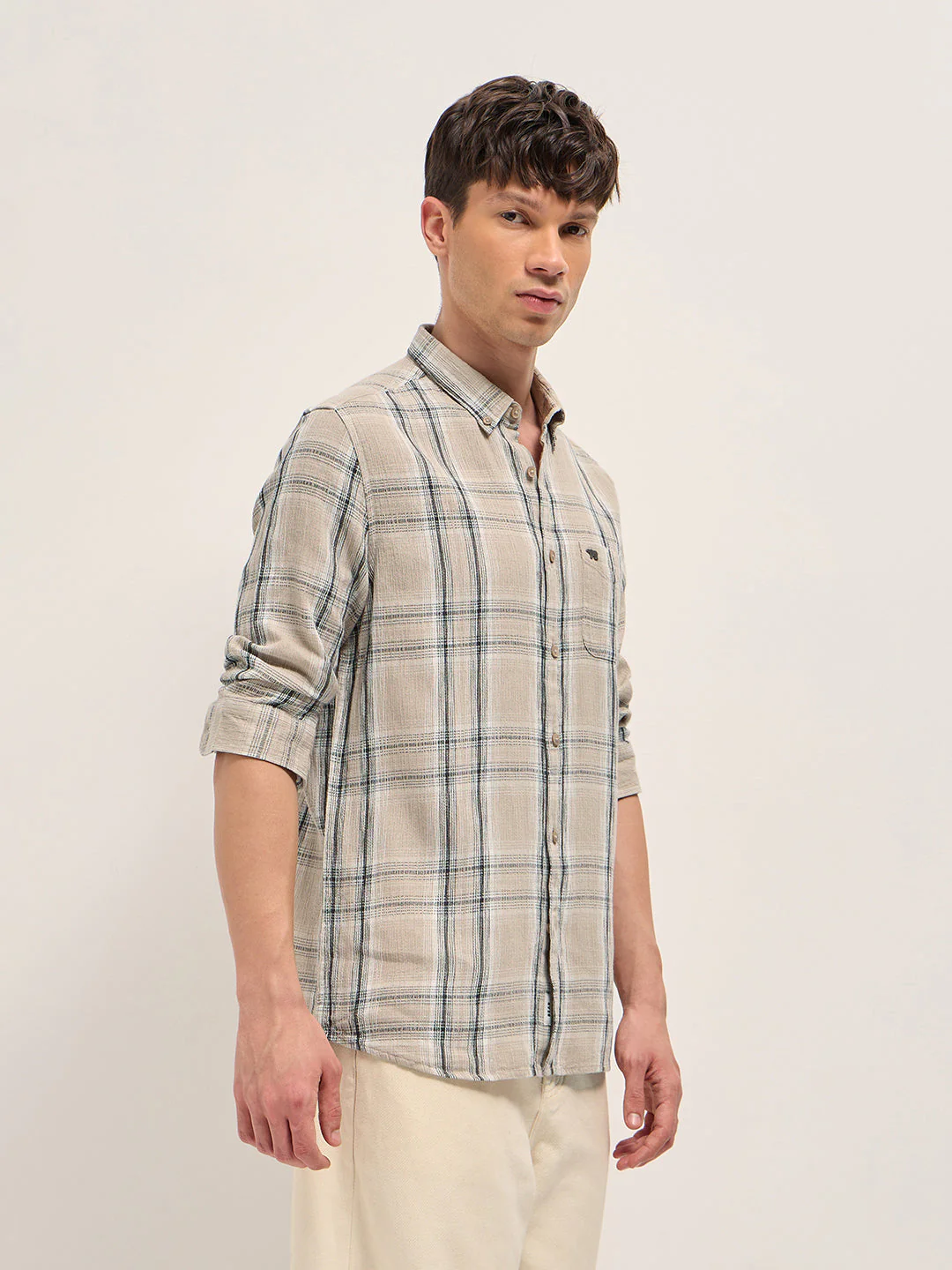 Men Beige Cotton Check Slim Fit Casual Shirt - Image 3