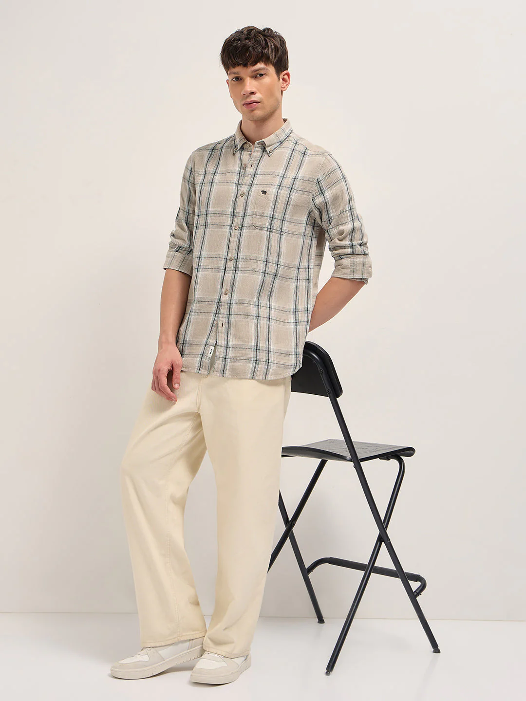 Men Beige Cotton Check Slim Fit Casual Shirt - Image 4