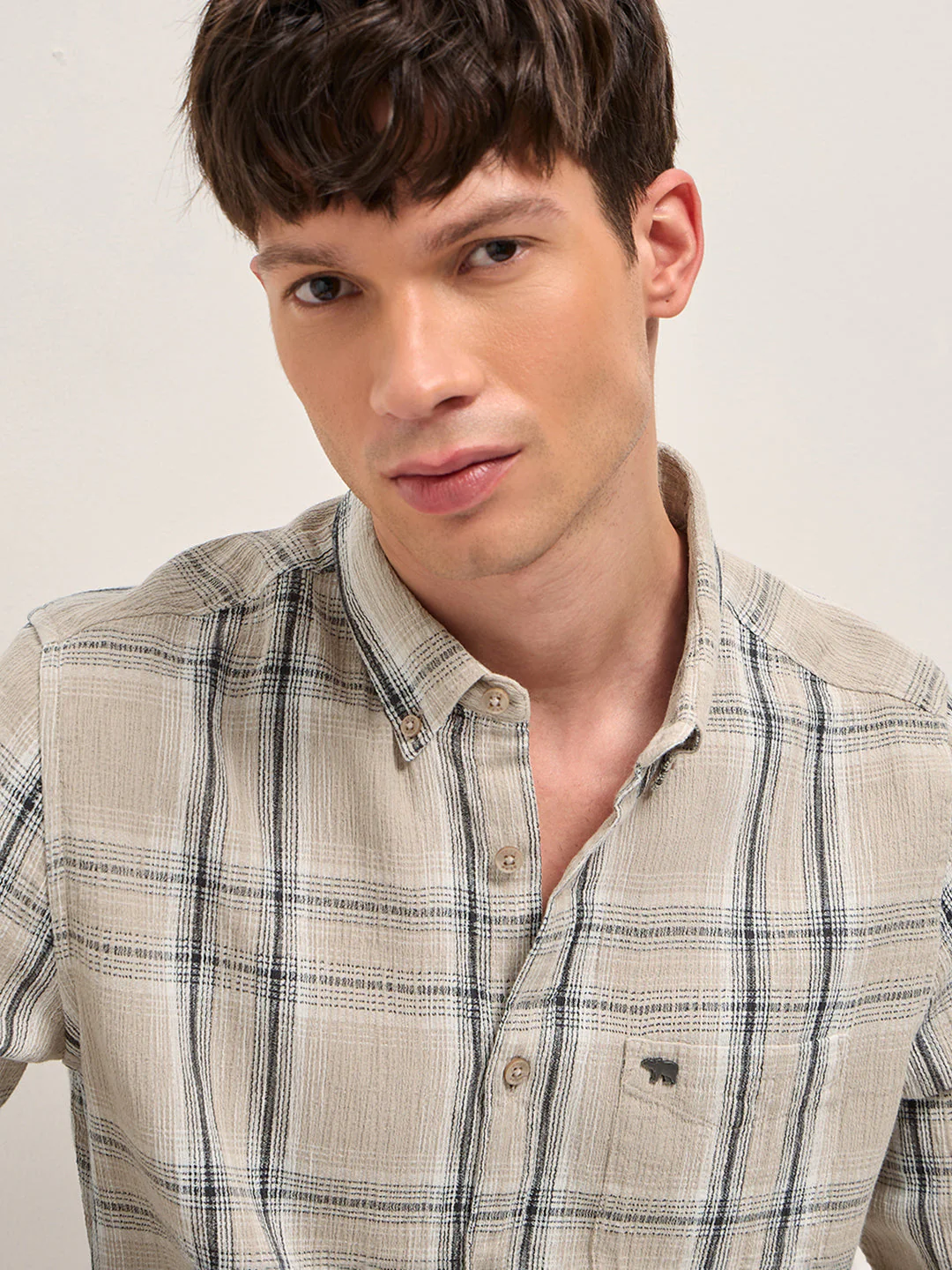 Men Beige Cotton Check Slim Fit Casual Shirt - Image 5