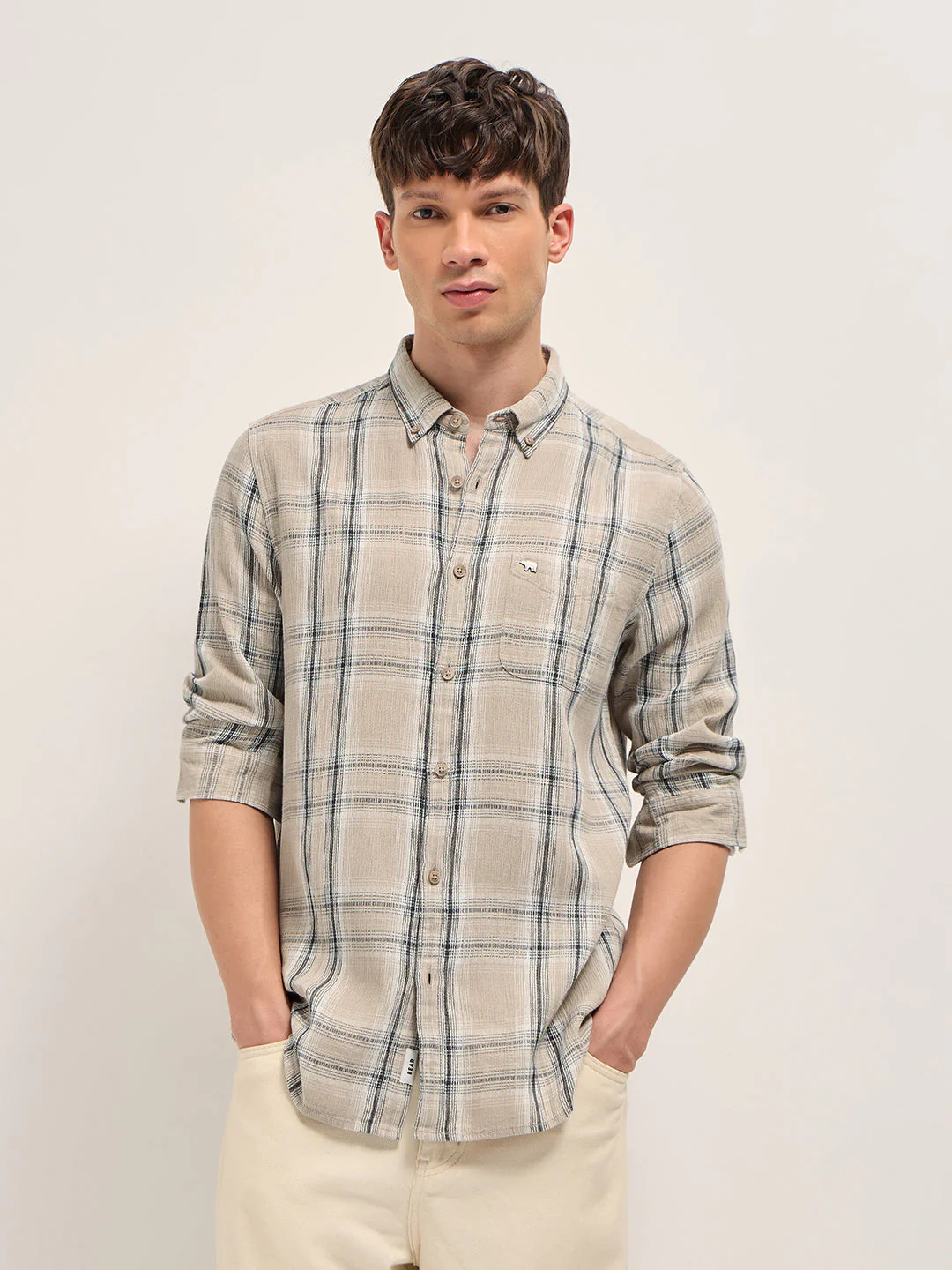 Men Beige Cotton Check Slim Fit Casual Shirt - Image 6