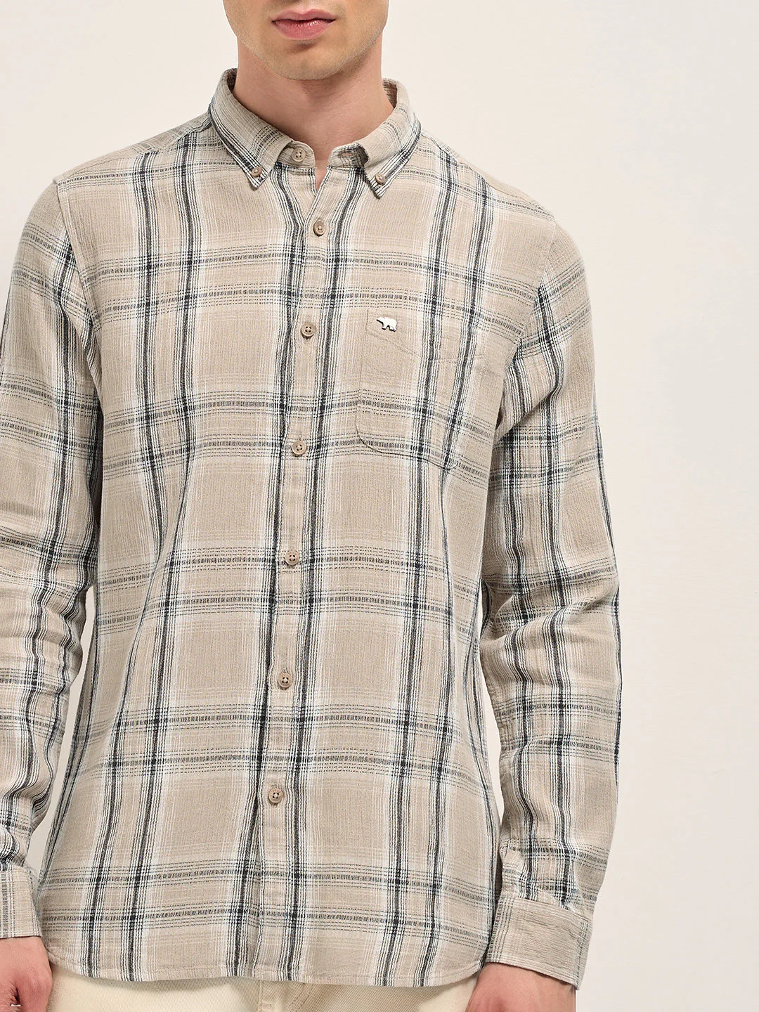 Men Beige Cotton Check Slim Fit Casual Shirt - Image 7