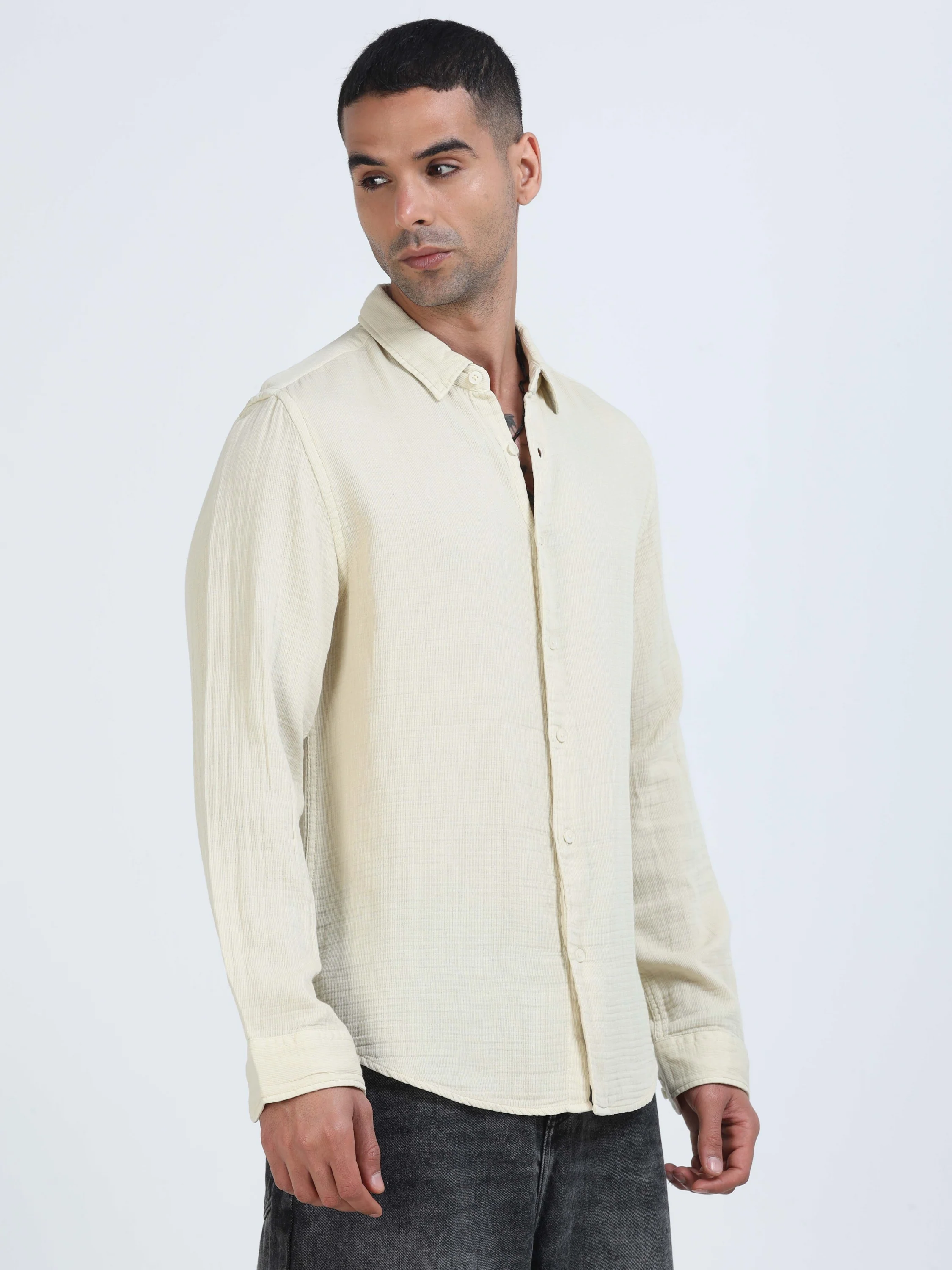 Men Beige Cotton Double Cloth Shirt - Image 2