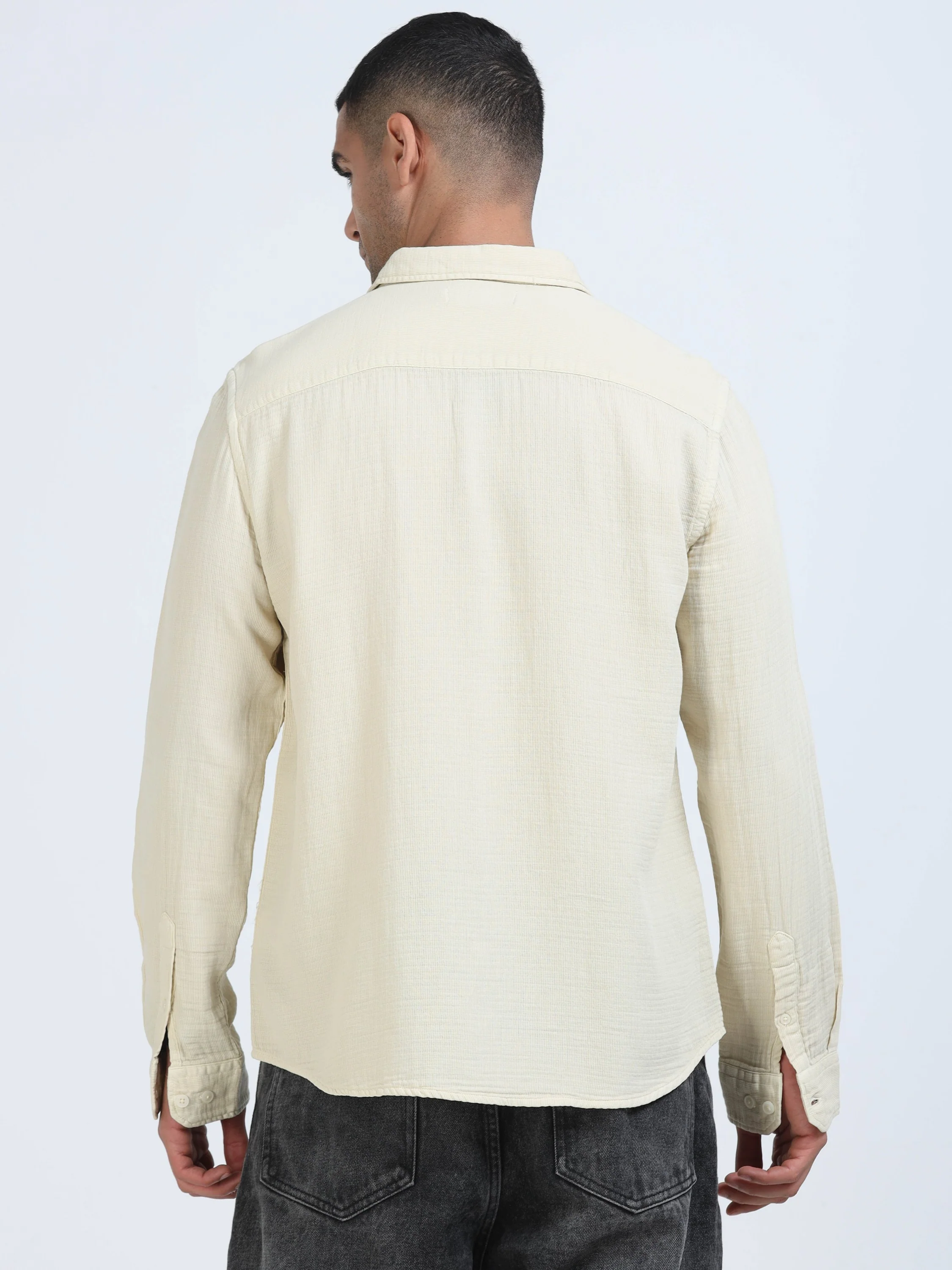 Men Beige Cotton Double Cloth Shirt - Image 3