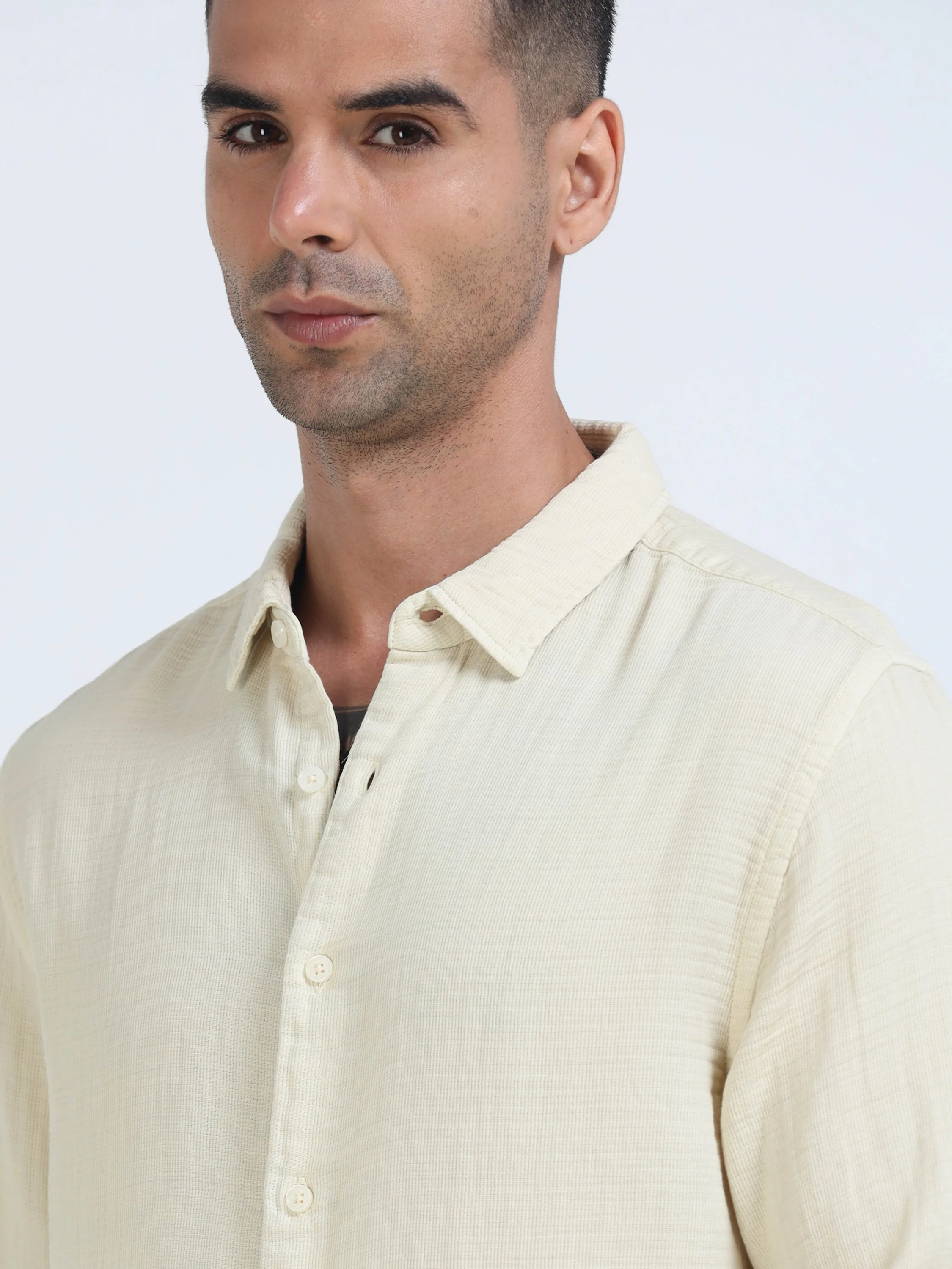 Men Beige Cotton Double Cloth Shirt - Image 4