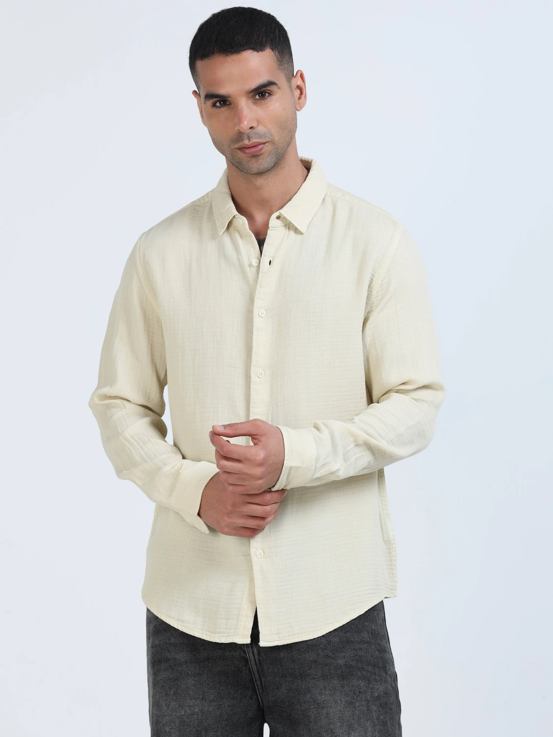 Men Beige Cotton Double Cloth Shirt - Image 5