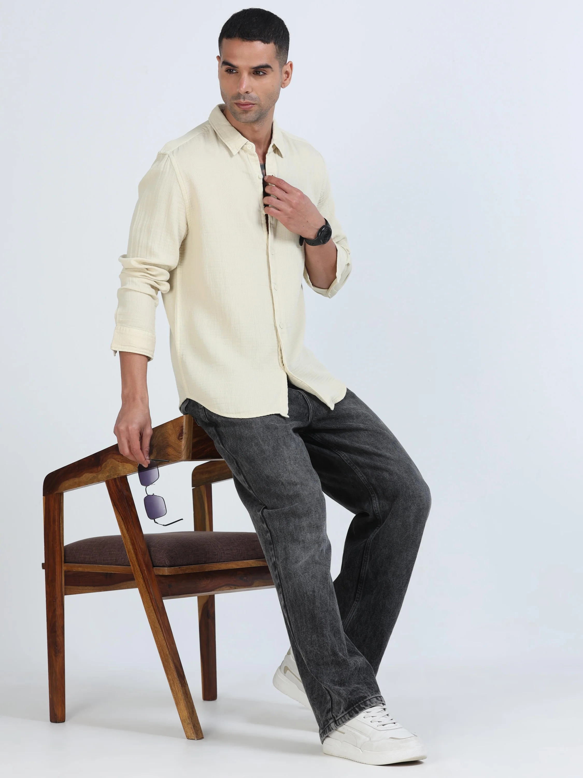 Men Beige Cotton Double Cloth Shirt - Image 6