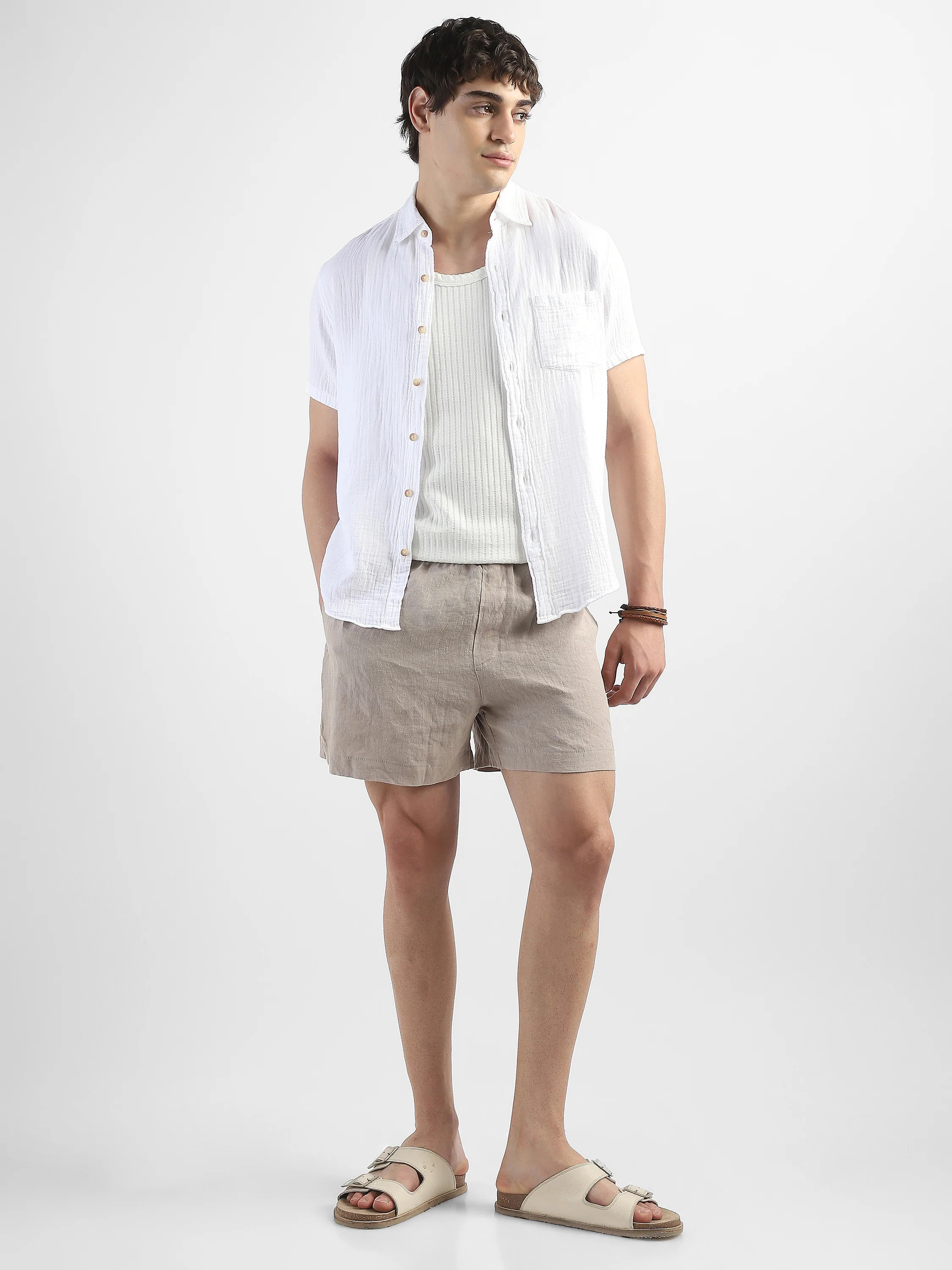 Men Beige Cotton Linen Shorts - Image 2