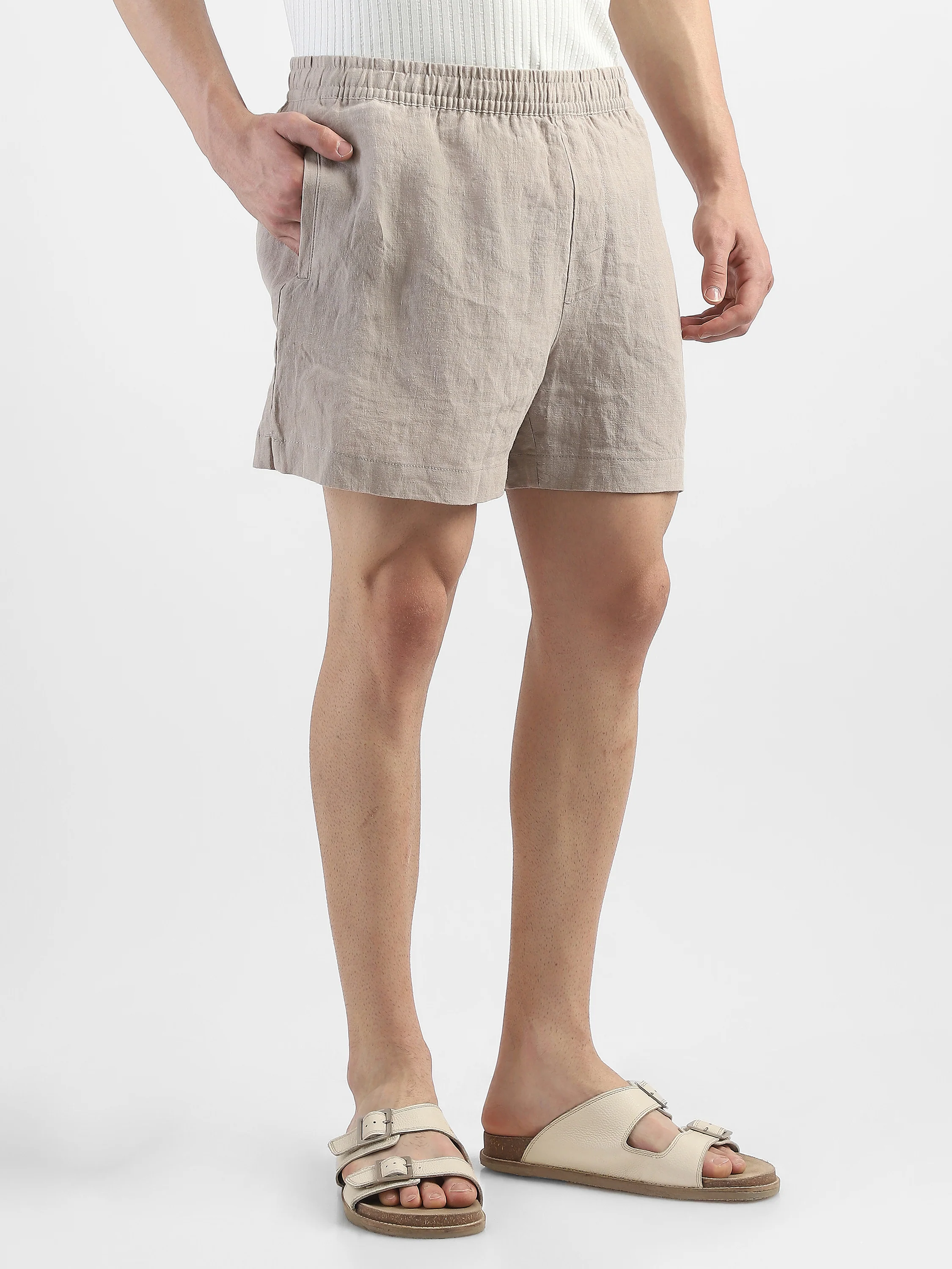 Men Beige Cotton Linen Shorts - Image 3
