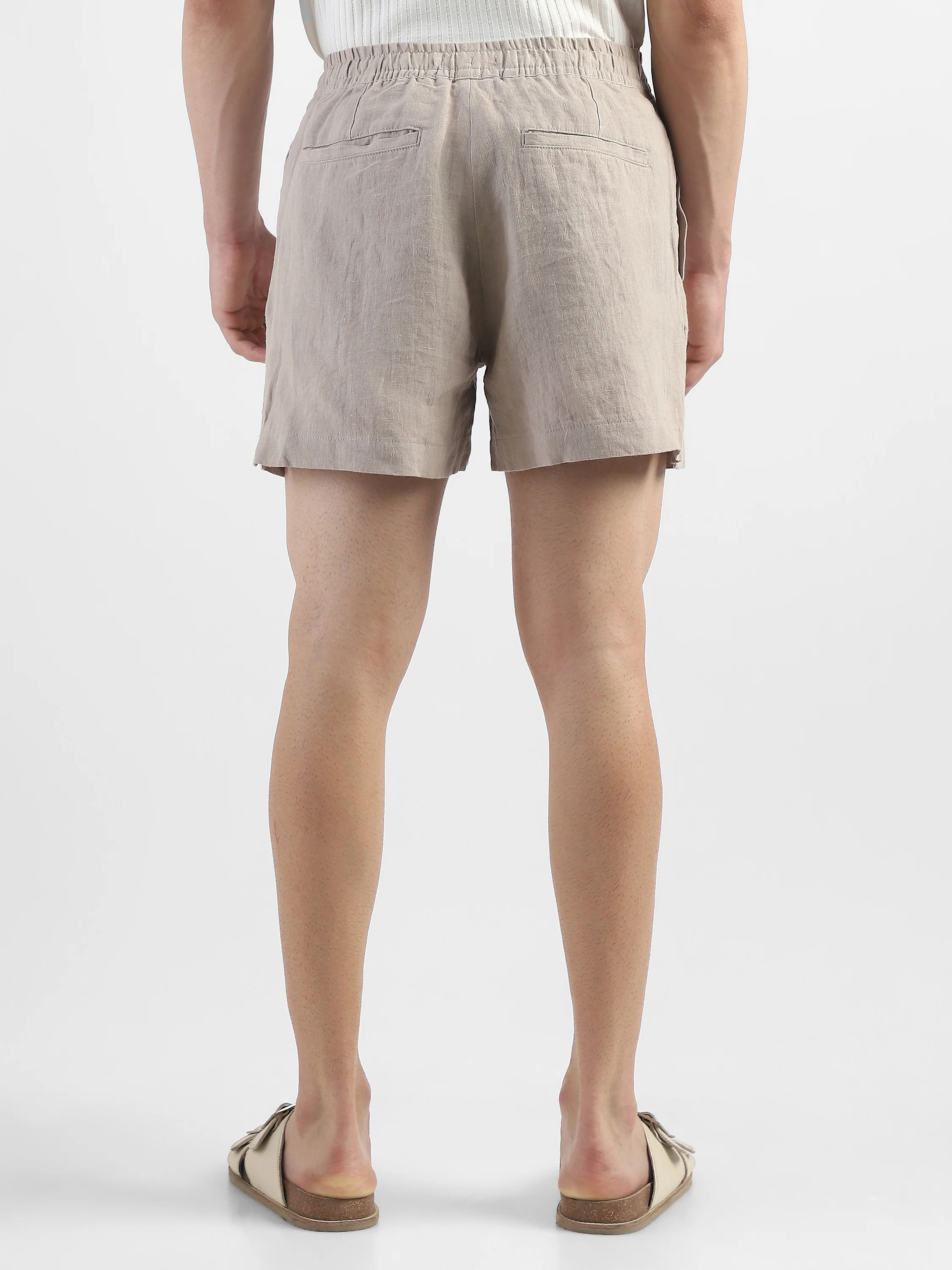 Men Beige Cotton Linen Shorts - Image 4