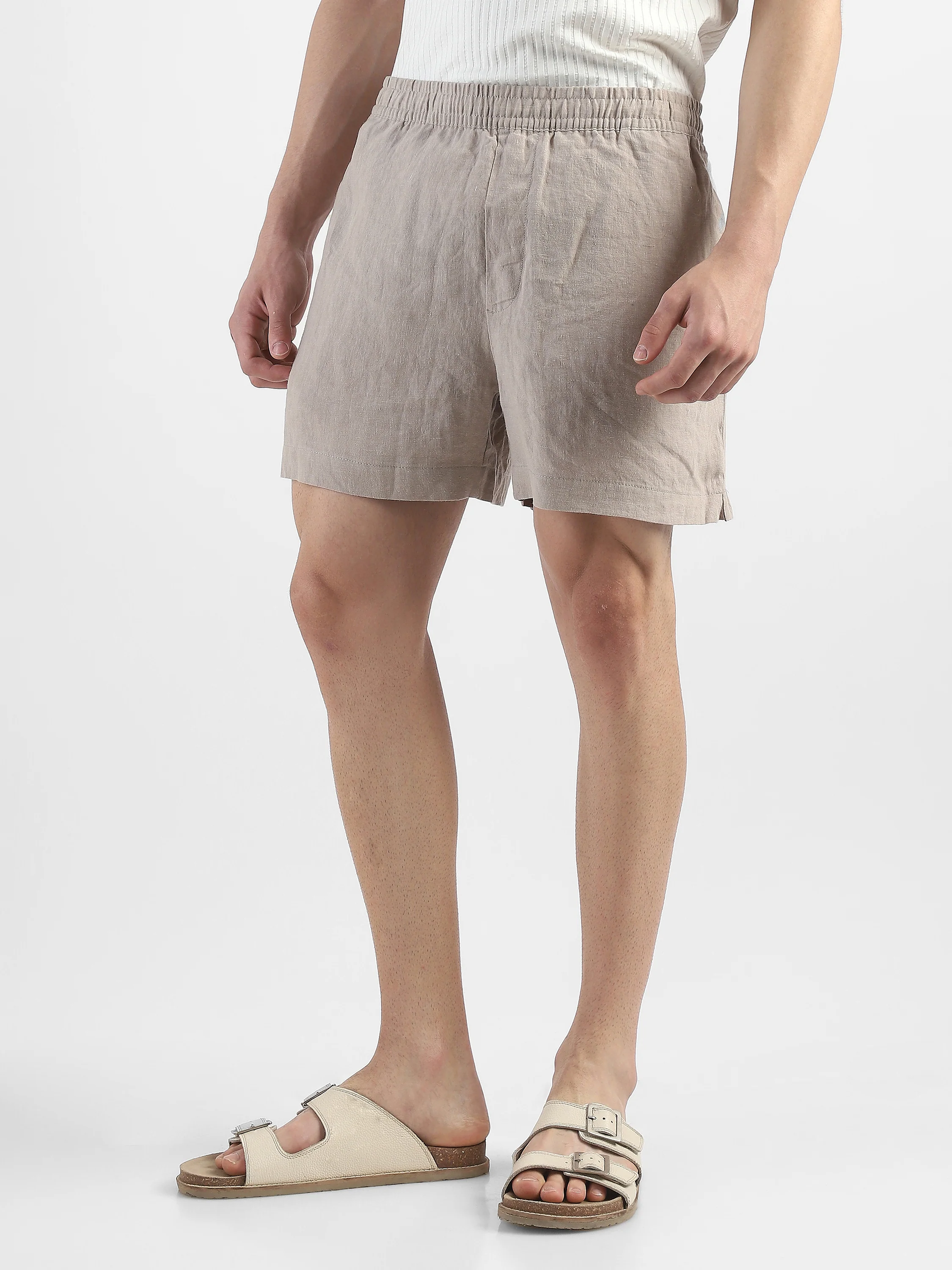 Men Beige Cotton Linen Shorts - Image 5