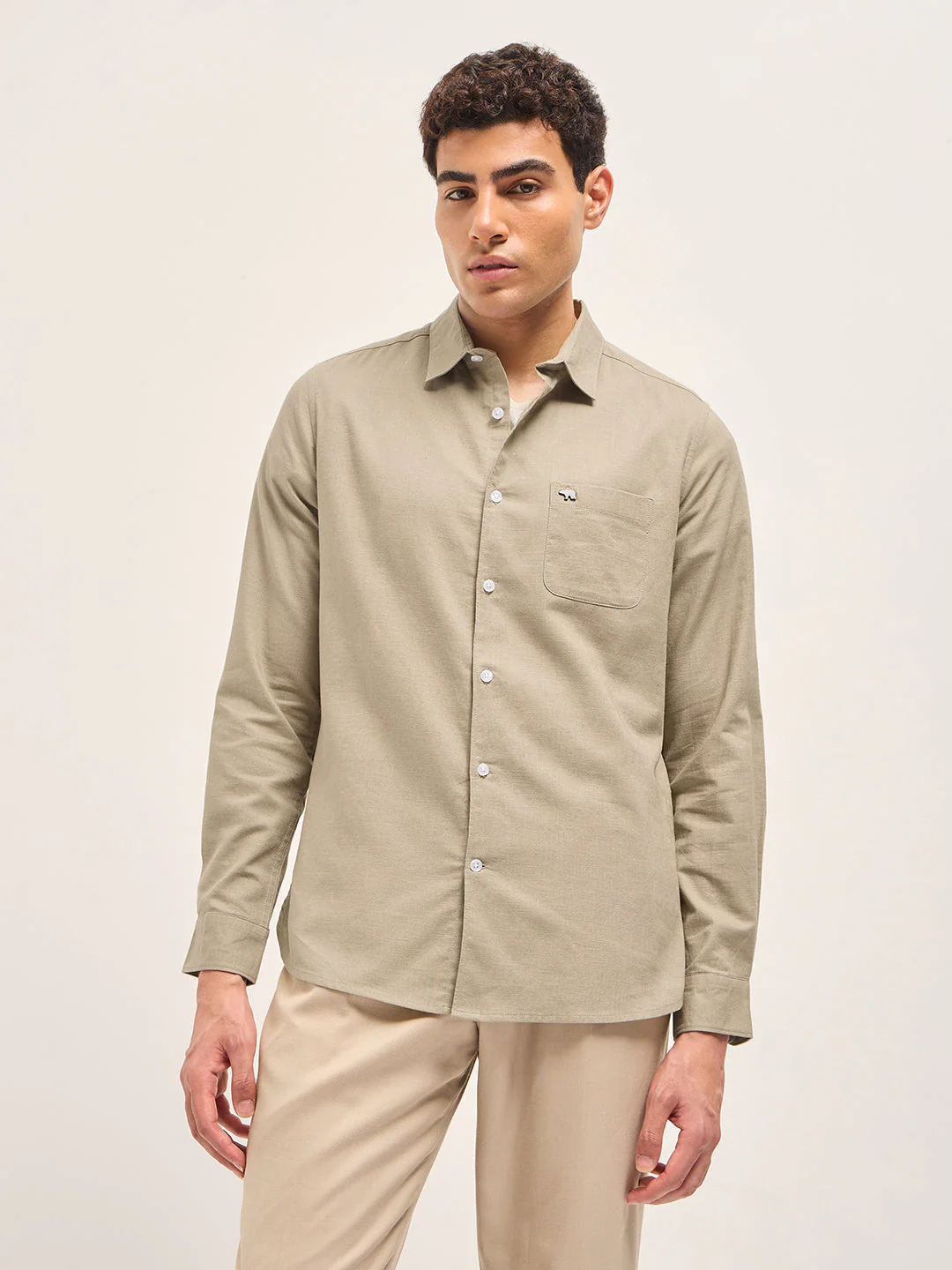 Men Beige Cotton Linen Slim Fit Solid Casual Shirt - Image 10