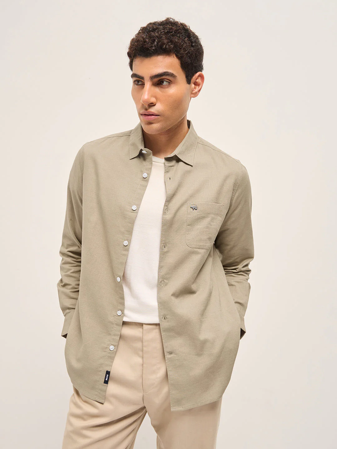 Men Beige Cotton Linen Slim Fit Solid Casual Shirt - Image 5