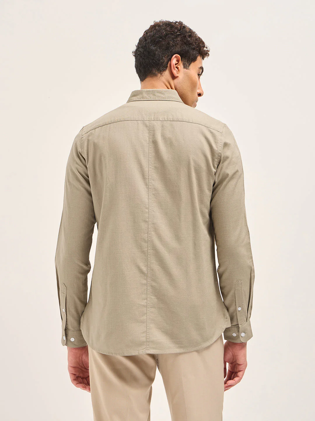 Men Beige Cotton Linen Slim Fit Solid Casual Shirt - Image 6