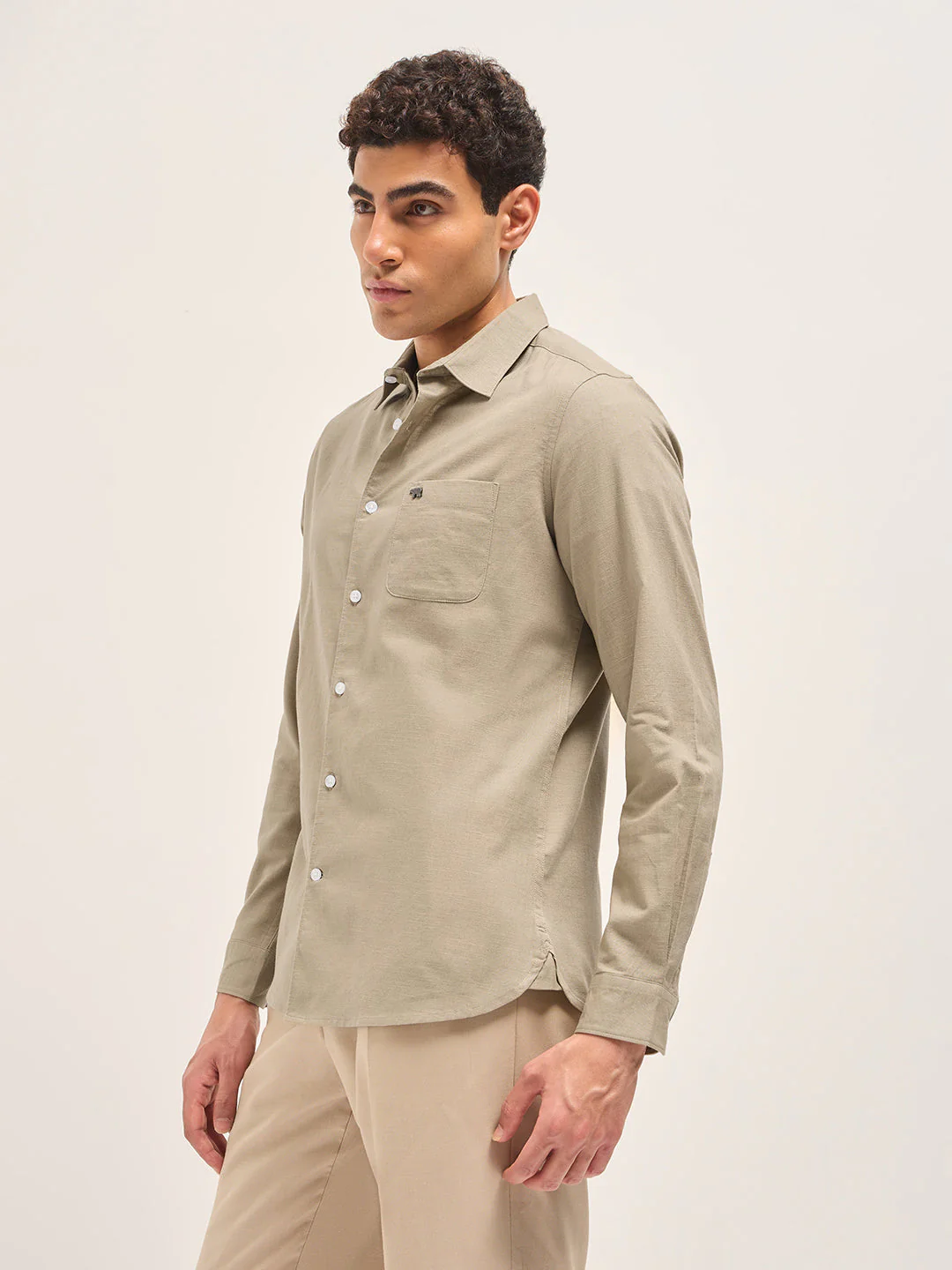 Men Beige Cotton Linen Slim Fit Solid Casual Shirt - Image 7