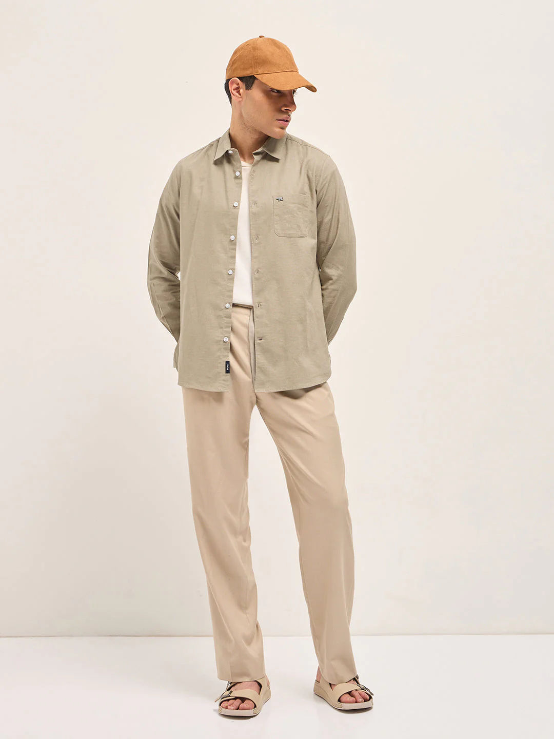 Men Beige Cotton Linen Slim Fit Solid Casual Shirt - Image 8