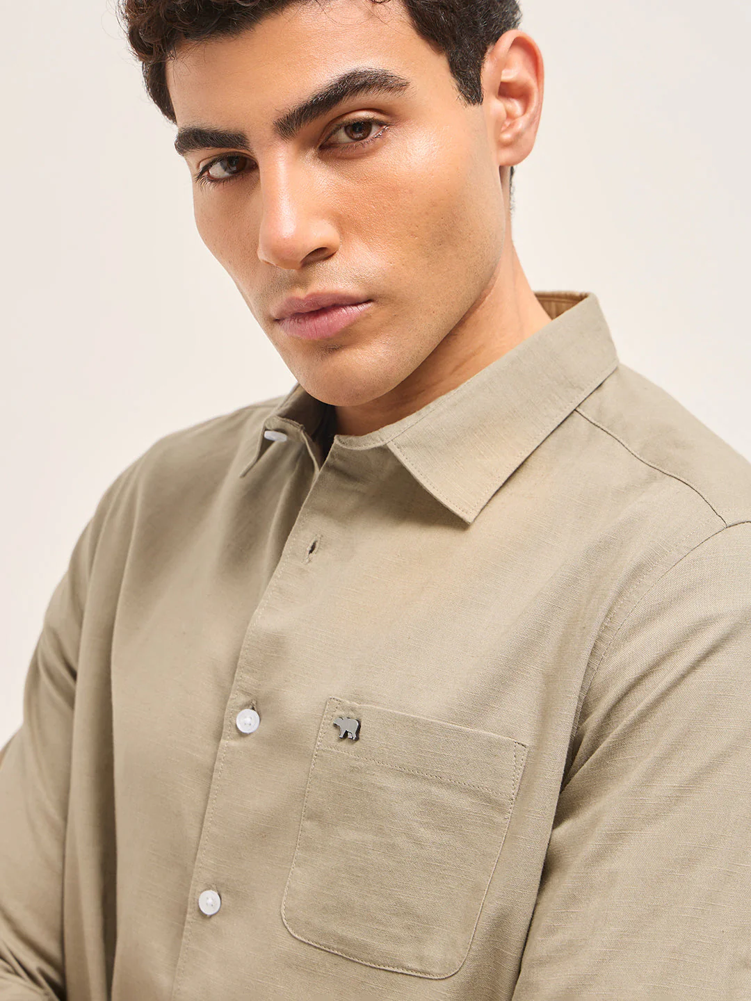 Men Beige Cotton Linen Slim Fit Solid Casual Shirt - Image 9