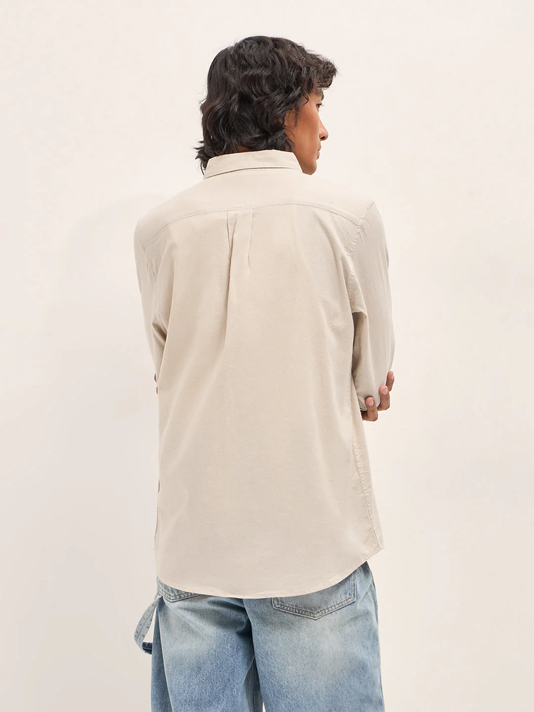 Men Beige Cotton Linen Solid Slim Fit Casual Shirt - Image 2