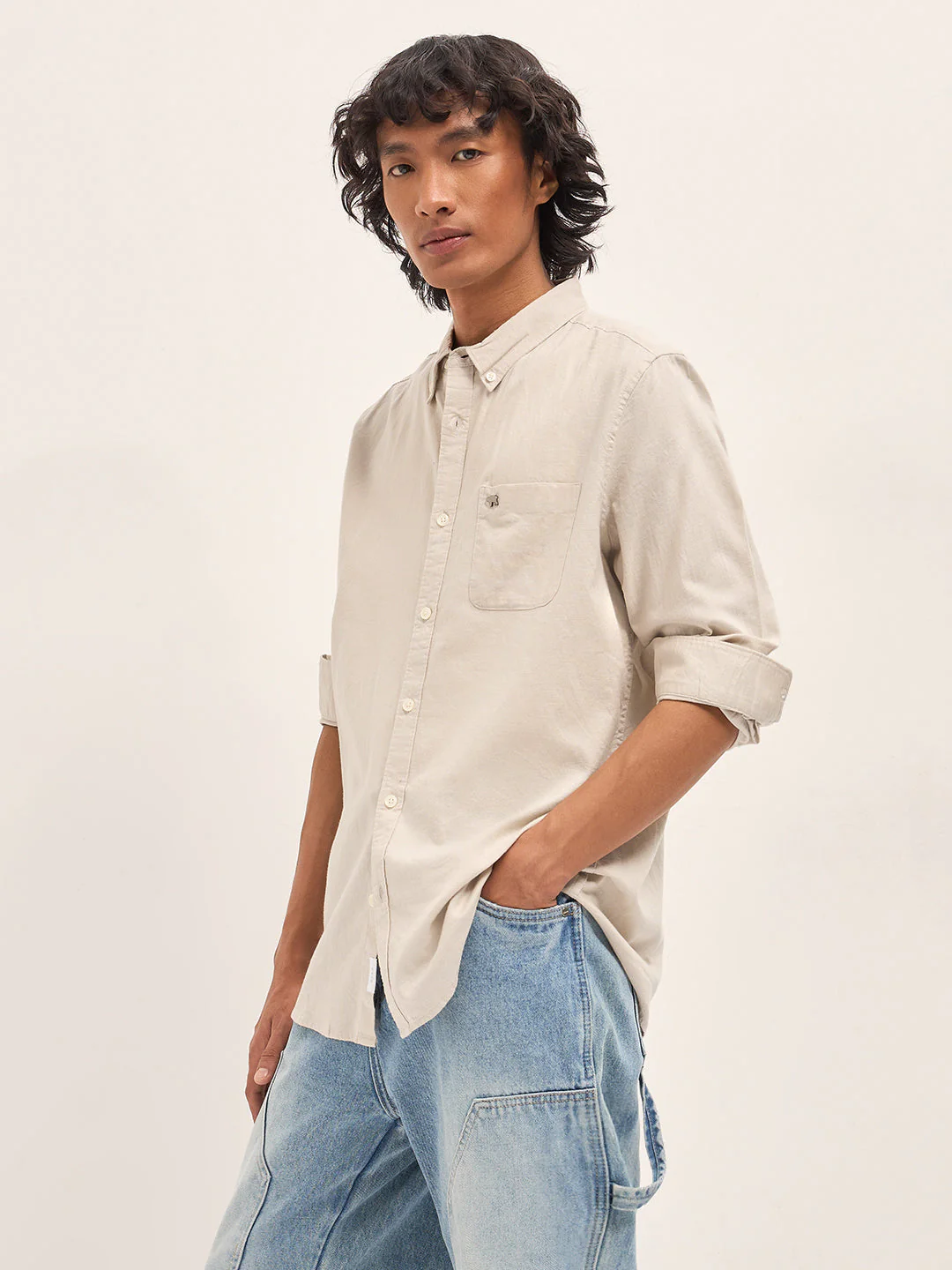 Men Beige Cotton Linen Solid Slim Fit Casual Shirt - Image 3