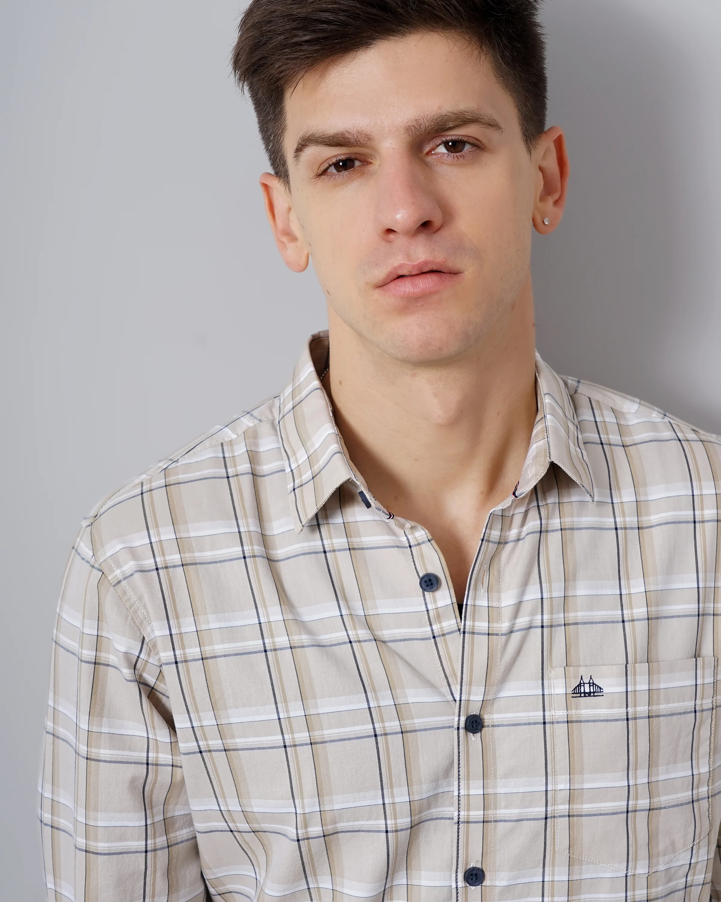 Men Beige Cotton Slim Shirt - Image 2